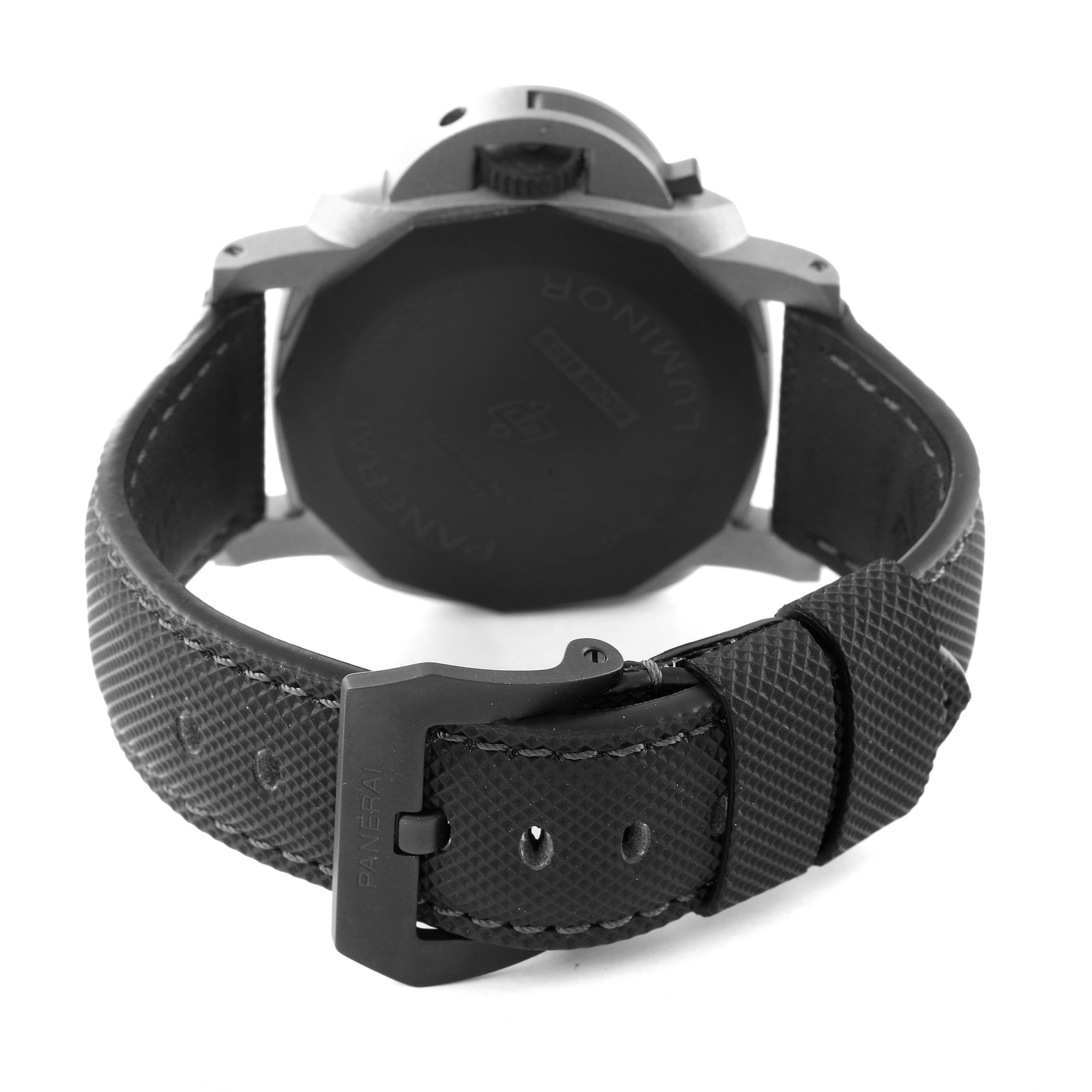 This image shows the rear view of a Panerai Luminor PAM01662 Men's Titanium Grey Dial PAM01662 Men's Titanium Grey Dial watch, highlighting the case back and the textured strap with buckle.