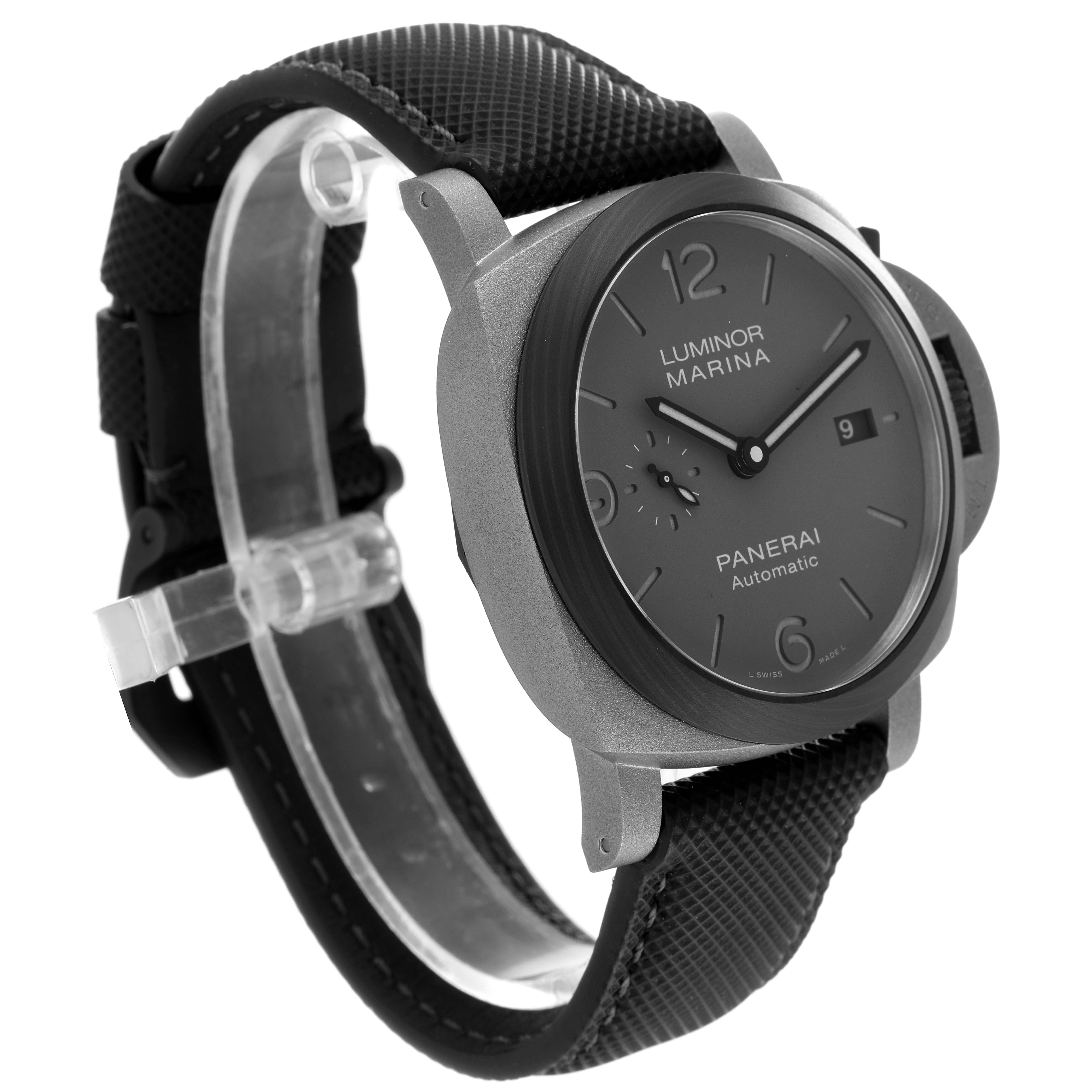 The image shows a Panerai Luminor PAM01662 Men's Titanium Grey Dial PAM01662 Men's Titanium Grey Dial model watch from an oblique angle, highlighting the dial, strap, and crown protector.