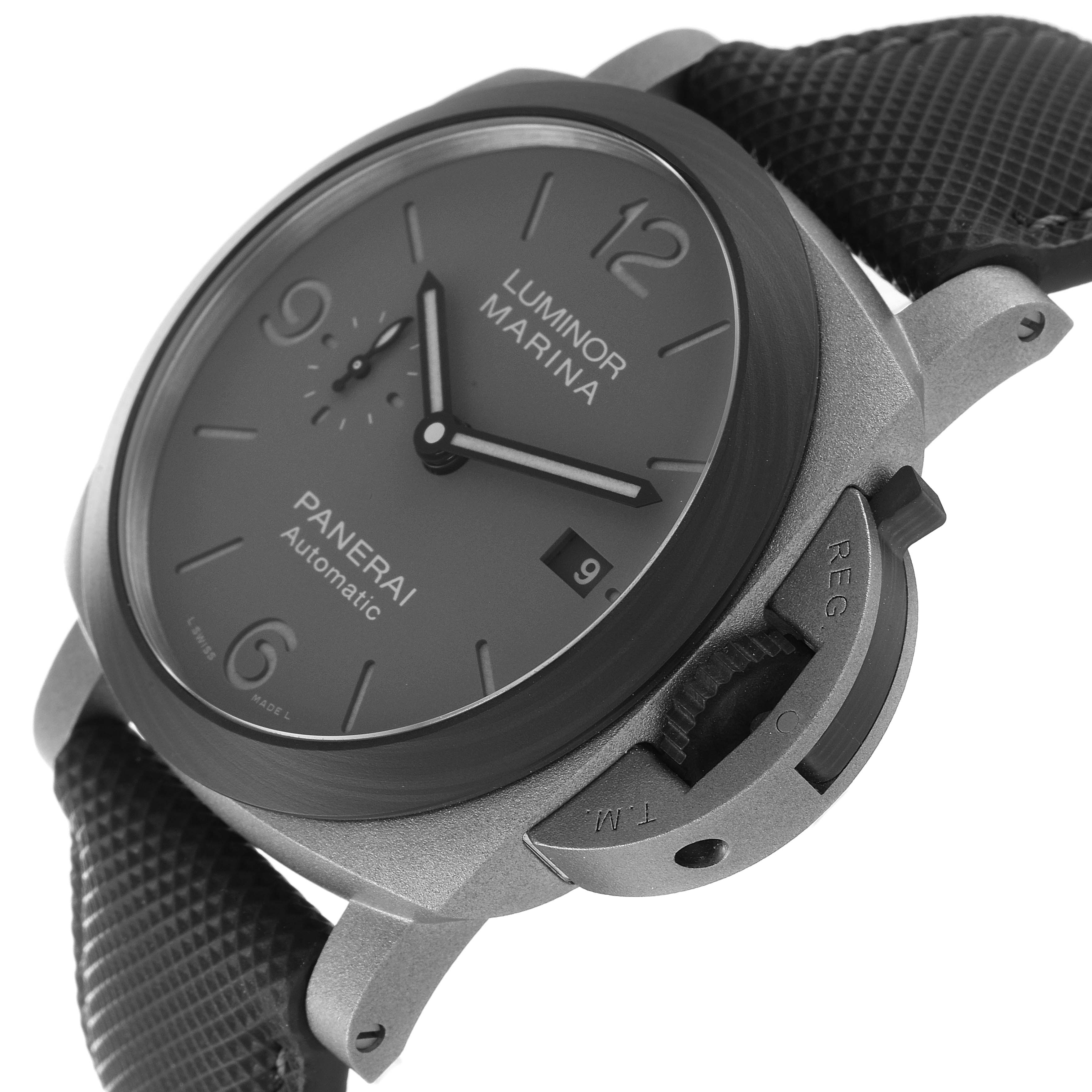 The image shows a close-up side view of the Panerai Luminor PAM01662 Men's Titanium Grey Dial PAM01662 Men's Titanium Grey Dial Marina watch, highlighting its dial, bezel, case, and crown guard.