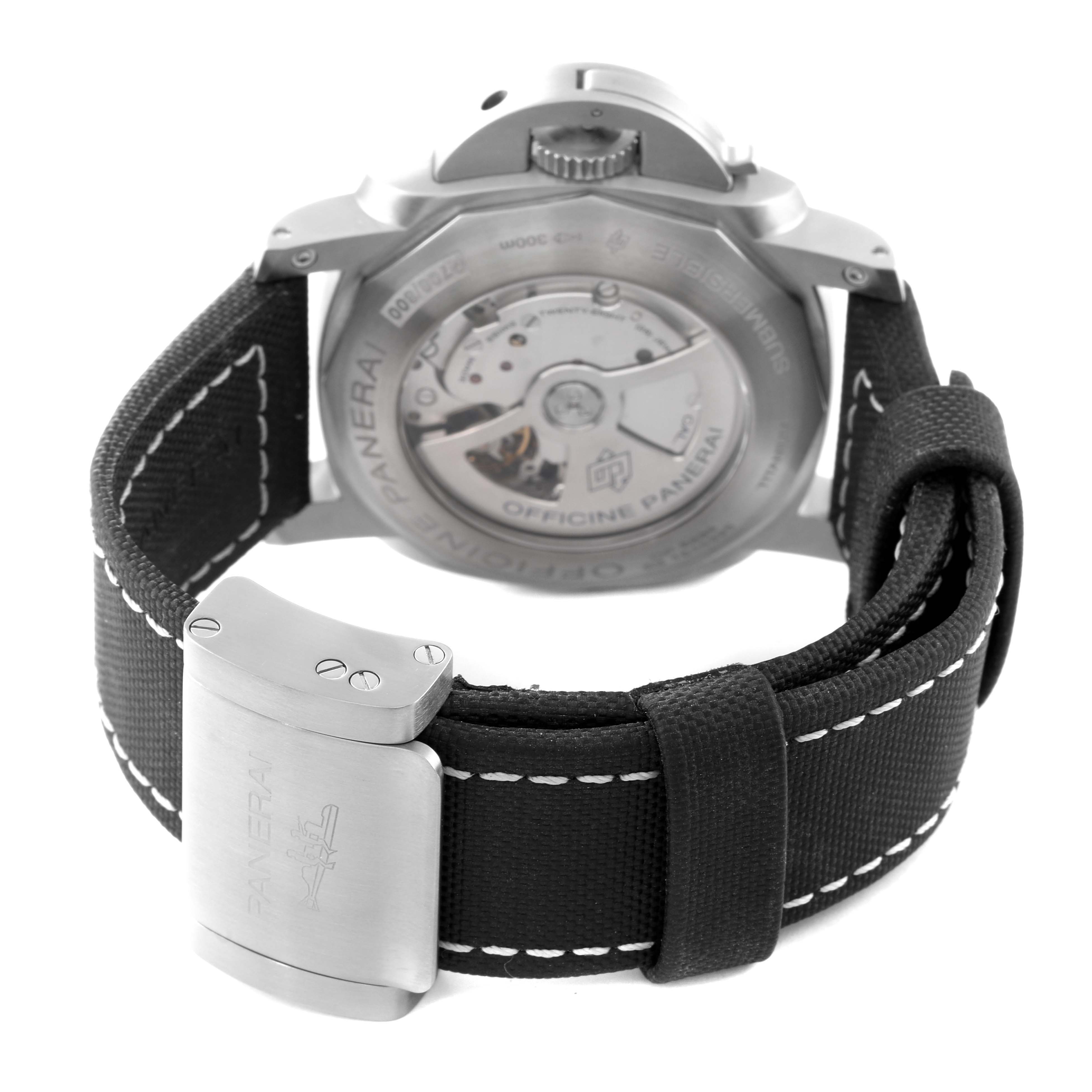 The image shows the back view of a Panerai Submersible PAM00305 Men's Titanium Black Dial PAM00305 Men's Titanium Black Dial watch, highlighting its transparent case back and black strap with buckle.