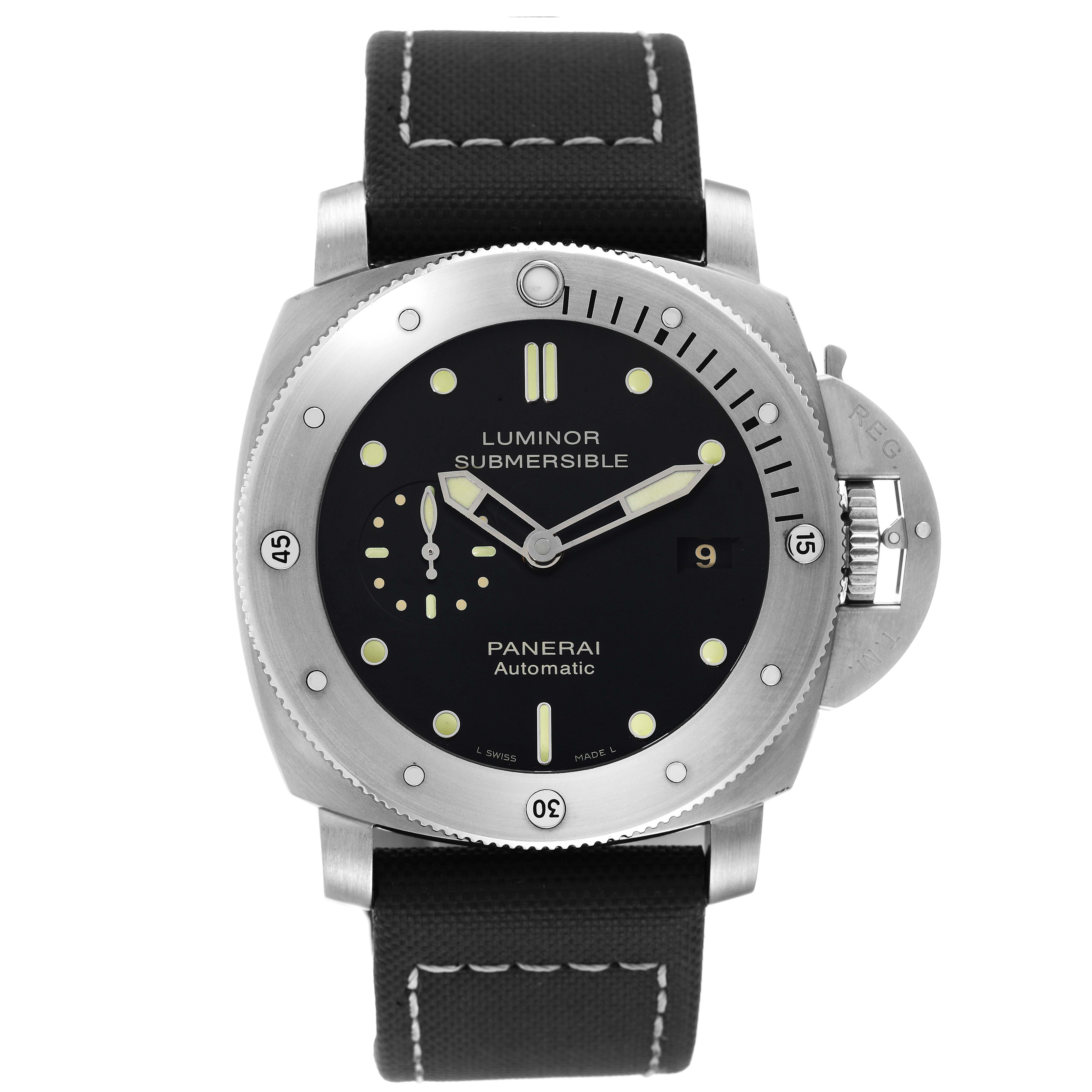 This image shows a front view of the Panerai Luminor Submersible watch, highlighting its dial, bezel, crown guard, and strap.