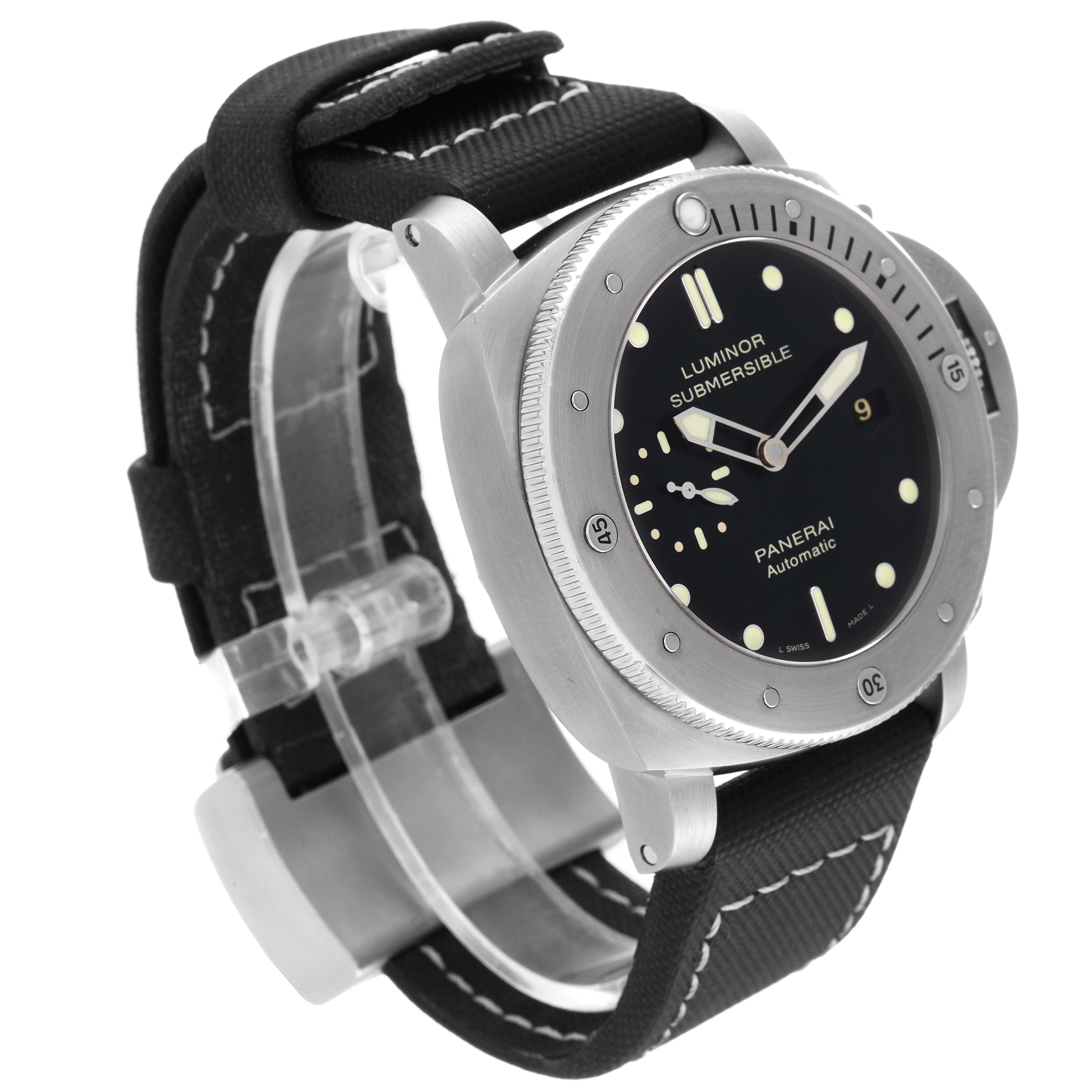 The image shows a Panerai Submersible PAM00305 Men's Titanium Black Dial PAM00305 Men's Titanium Black Dial watch from a front-side angle, highlighting its face, bezel, and strap.