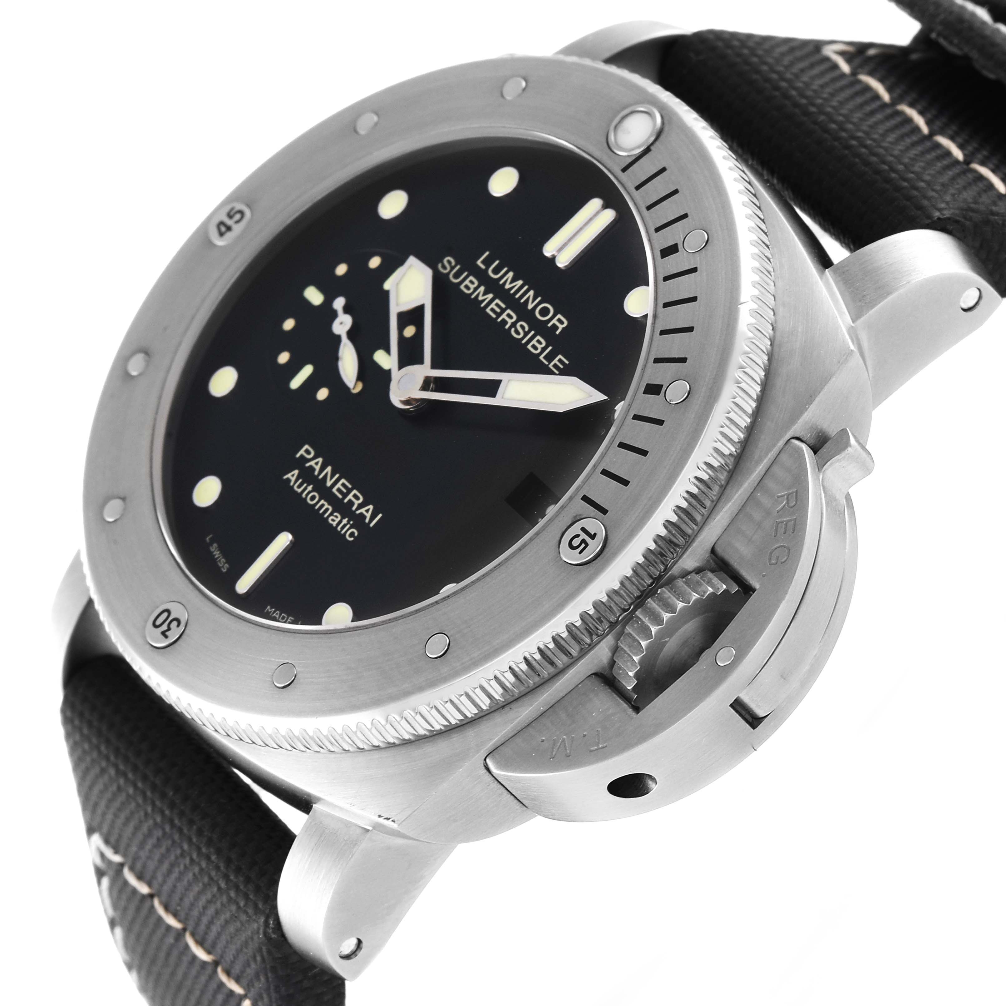 The image shows a Panerai Luminor Submersible watch from a side angle, highlighting its bezel, crown guard, and strap.