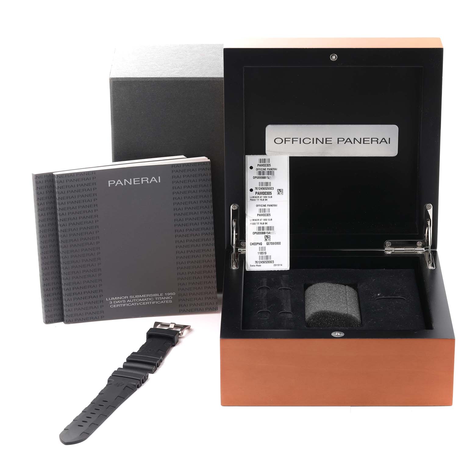 The image shows an open box of the Panerai Submersible PAM00305 Men's Titanium Black Dial PAM00305 Men's Titanium Black Dial watch, an extra strap, and accompanying booklets from a direct front angle.