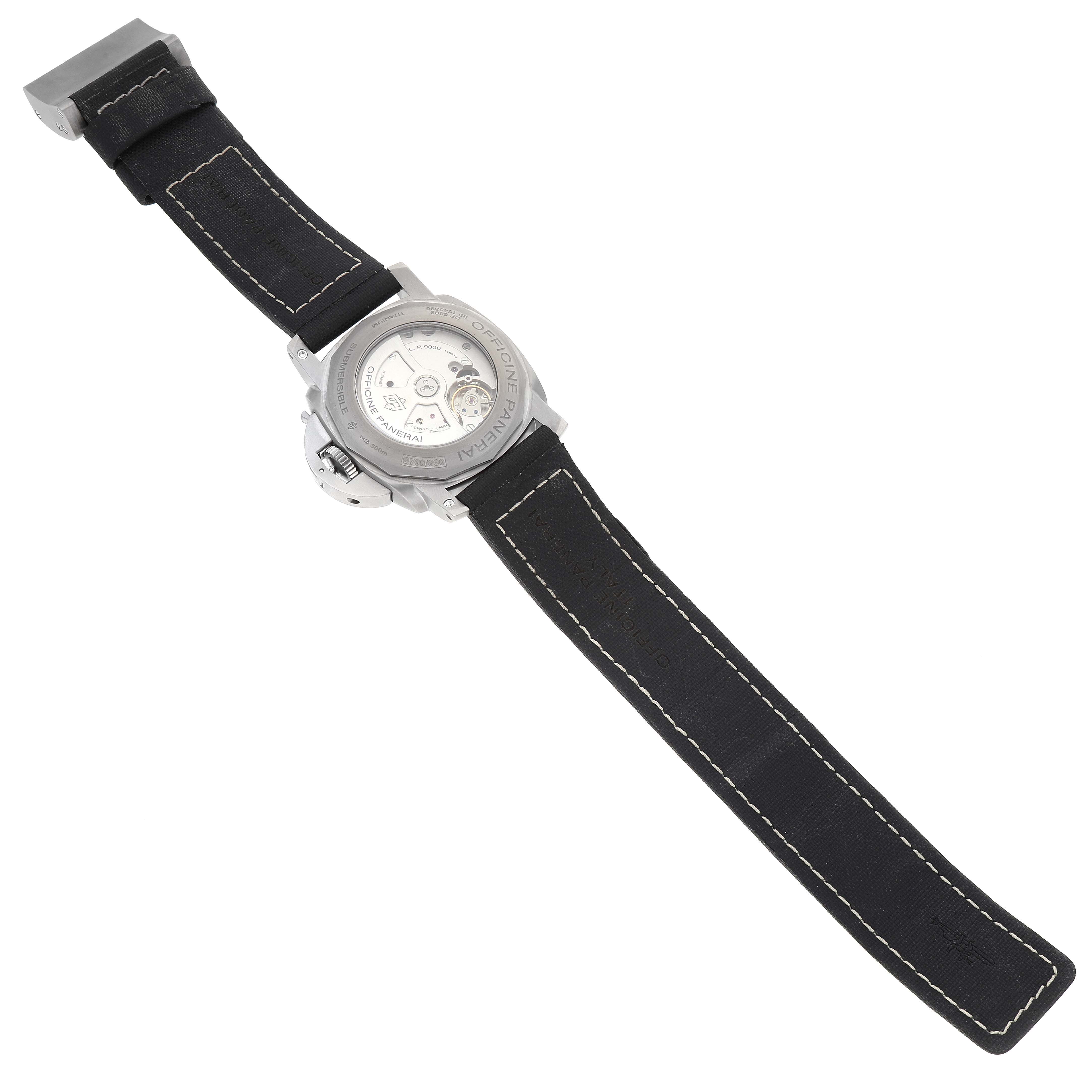 The image shows the back view of the Panerai Submersible PAM00305 Men's Titanium Black Dial PAM00305 Men's Titanium Black Dial watch, displaying the movement mechanism and the watch strap.