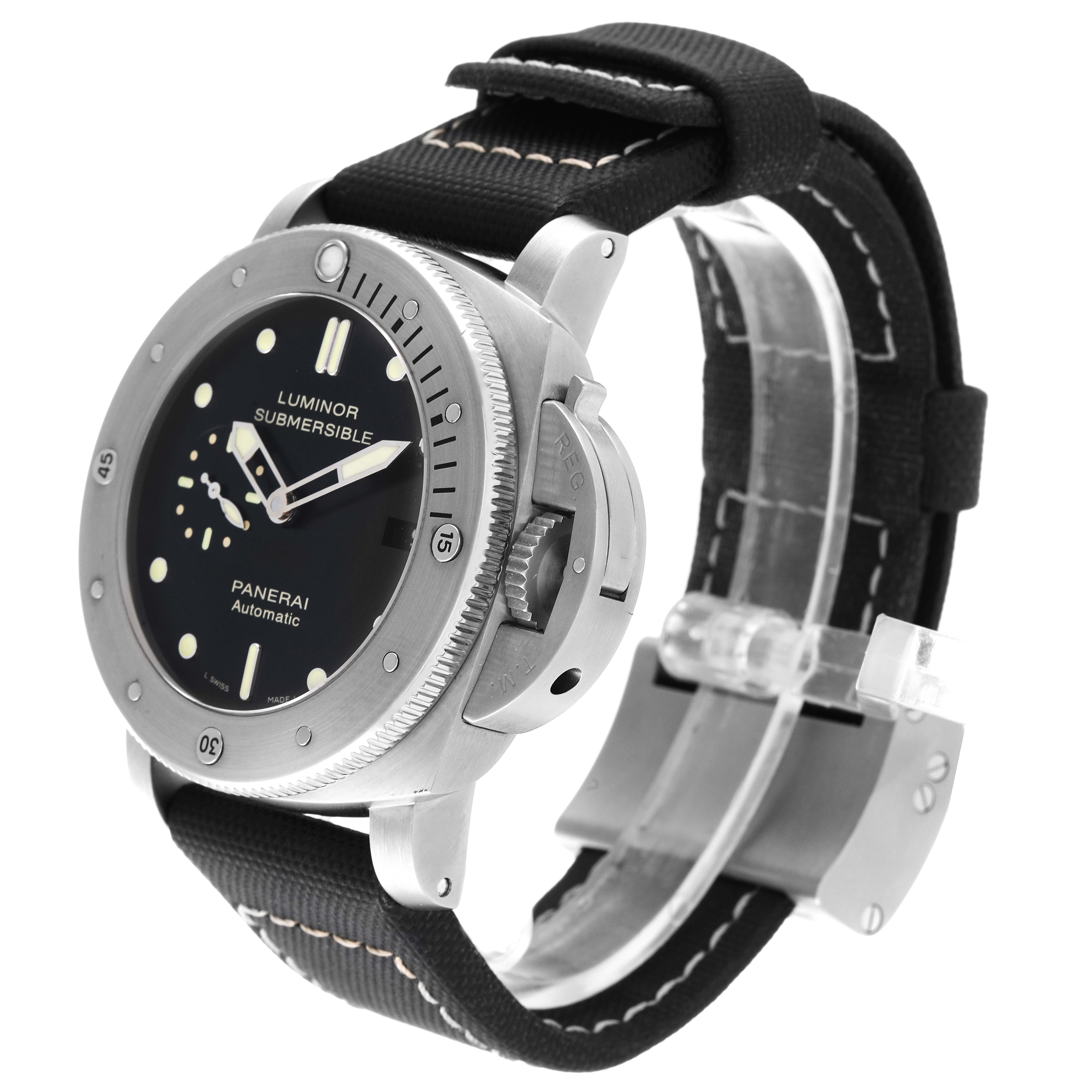 The Panerai Submersible PAM00305 Men's Titanium Black Dial PAM00305 Men's Titanium Black Dial watch is shown at an angle displaying the face, bezel, crown guard, and part of the strap.