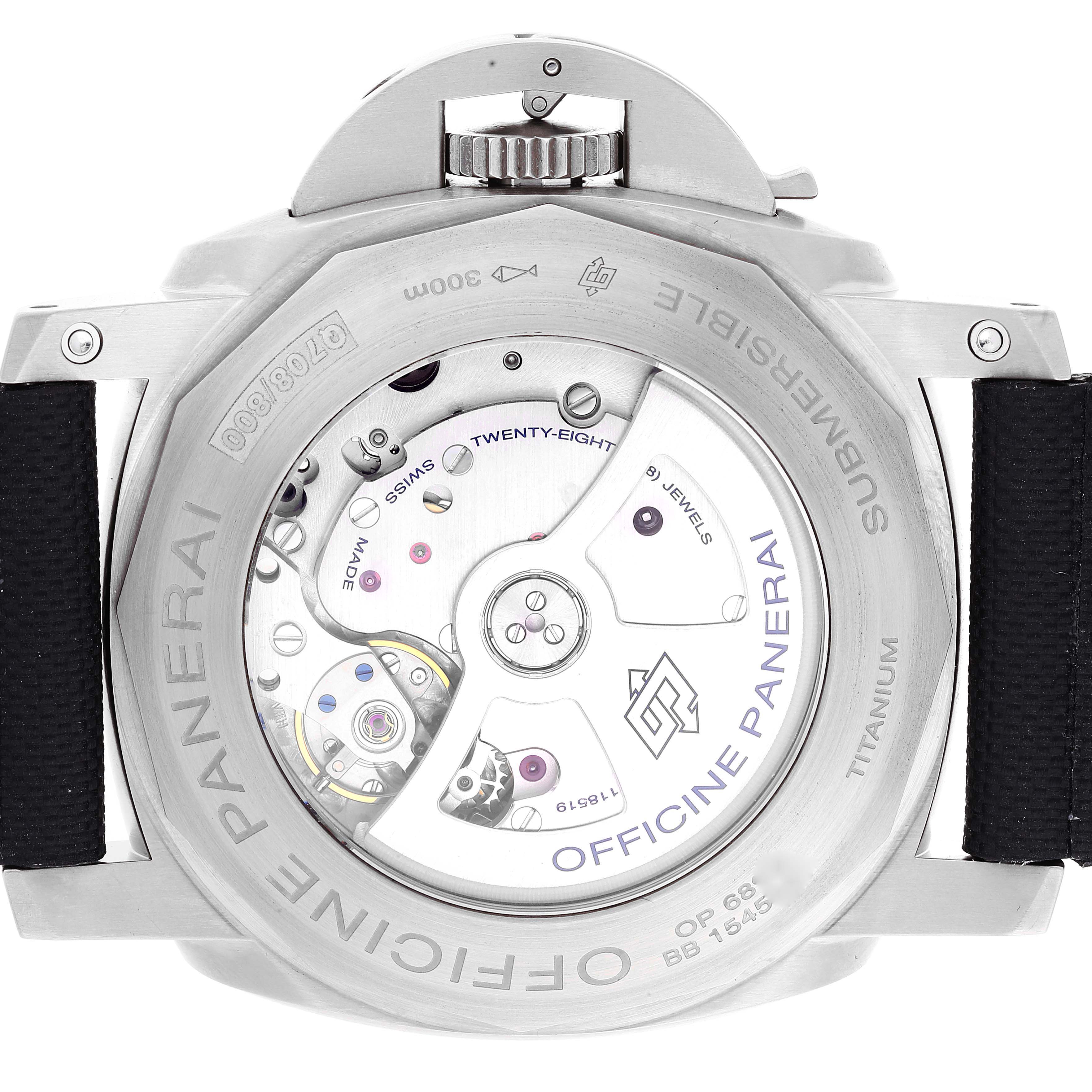 The image shows the back view of the Panerai Submersible PAM00305 Men's Titanium Black Dial PAM00305 Men's Titanium Black Dial watch, highlighting its inner mechanism and titanium case.