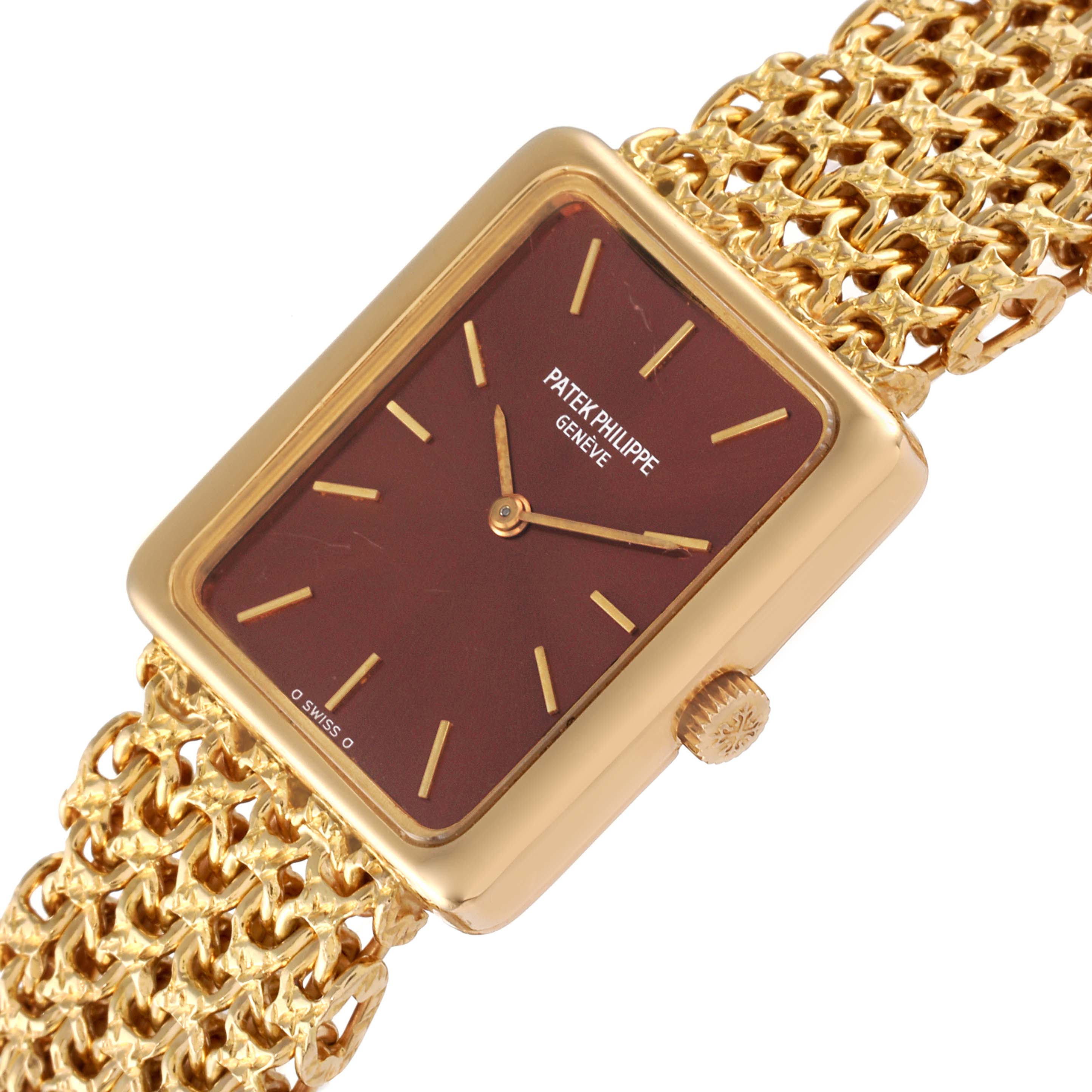 The Patek Philippe Gondolo 4224 - 1 Women's Yellow Gold Brown Dial 4224 - 1 Women's Yellow Gold Brown Dial watch is shown from an angled top view, highlighting the rectangular case, dial, crown, and bracelet.