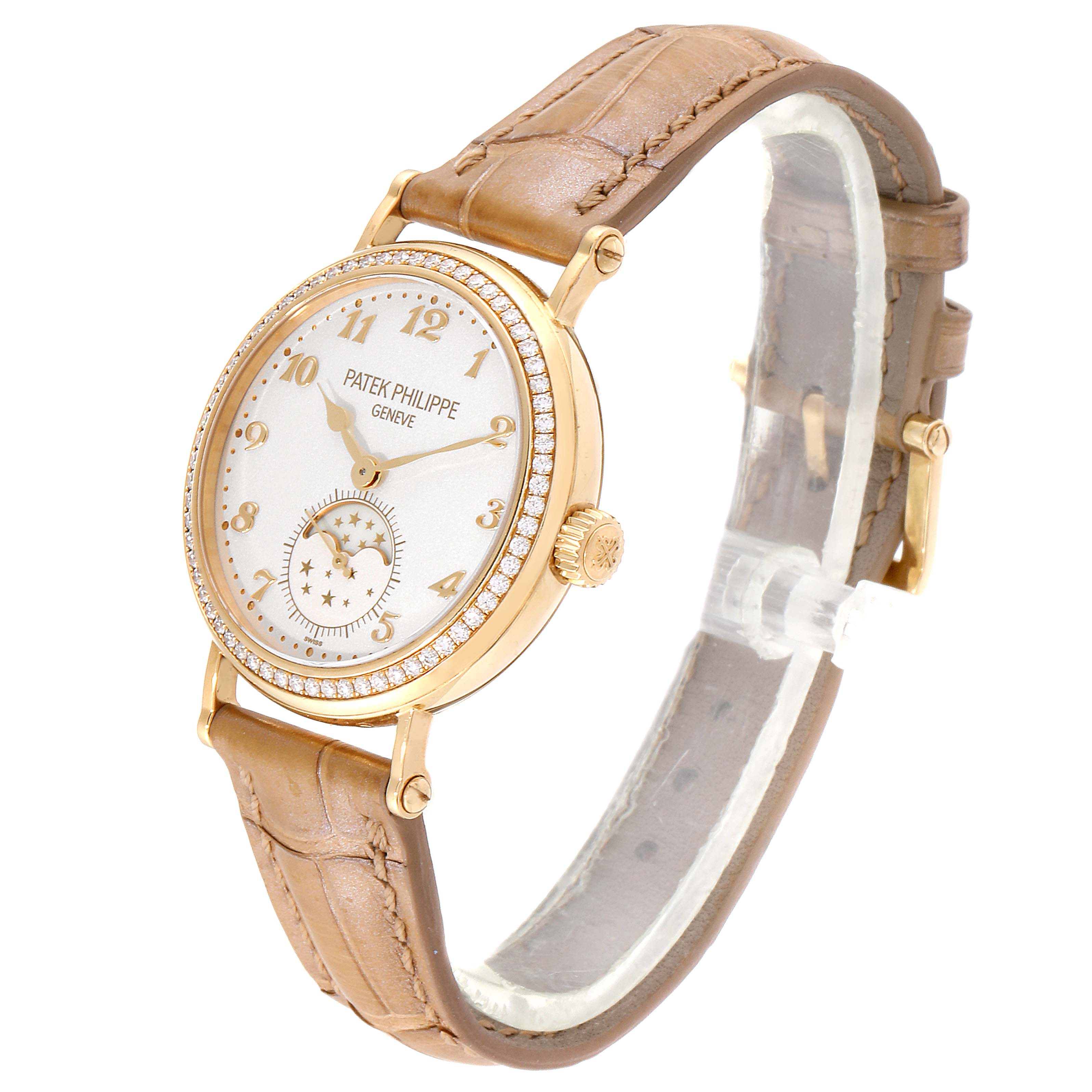 The image shows a Patek Philippe Calatrava 7121J-001 Women's Yellow Gold Silver Dial 7121J-001 Women's Yellow Gold Silver Dial watch at a three-quarter angle, highlighting the face, bezel, strap, and crown.