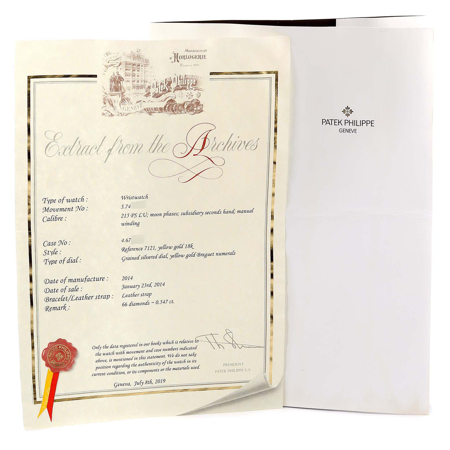 The image shows a Patek Philippe Calatrava 7121J-001 Women's Yellow Gold Silver Dial 7121J-001 Women's Yellow Gold Silver Dial certificate titled "Extract from the Archives" alongside a Patek Philippe branded folder.