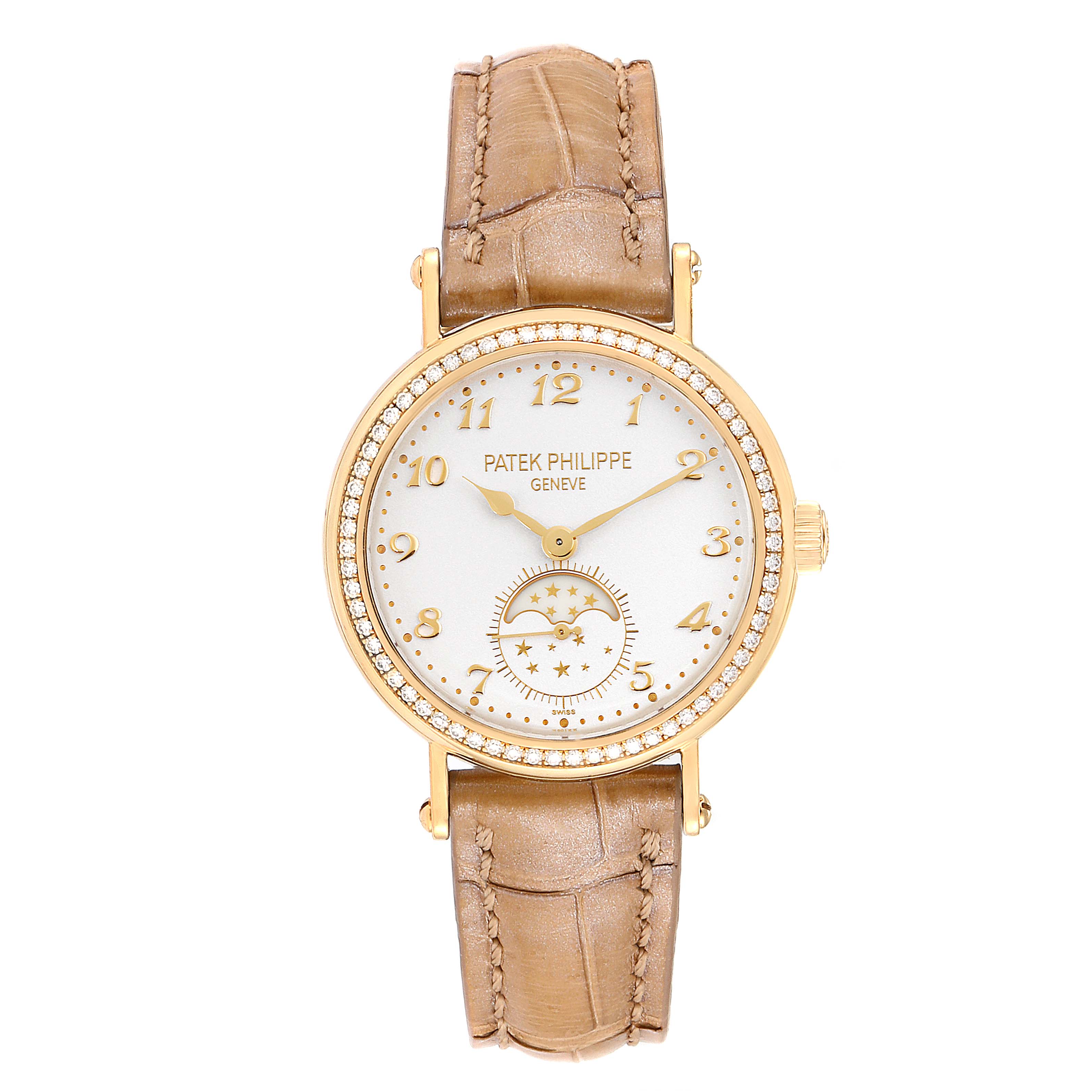 The image shows a front view of a Patek Philippe Calatrava 7121J-001 Women's Yellow Gold Silver Dial 7121J-001 Women's Yellow Gold Silver Dial watch, featuring its face, dial, and brown leather strap.