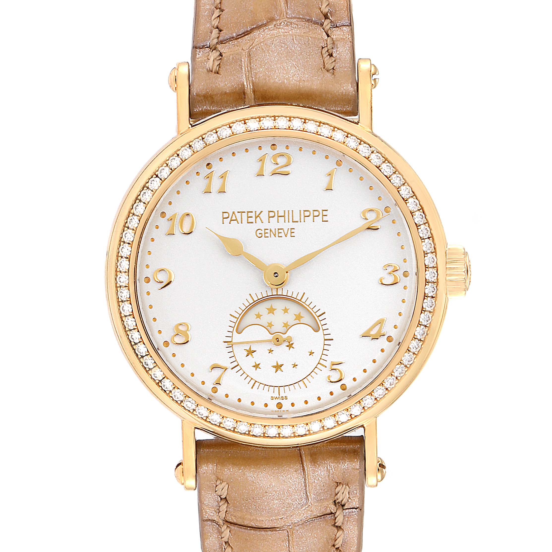 This image shows a front view of a Patek Philippe Calatrava 7121J-001 Women's Yellow Gold Silver Dial 7121J-001 Women's Yellow Gold Silver Dial watch, highlighting its dial, gold case, and brown leather strap.
