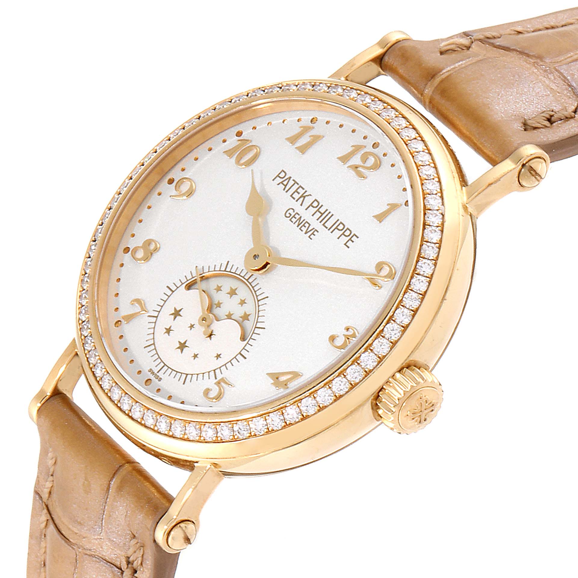 The image shows a Patek Philippe Calatrava 7121J-001 Women's Yellow Gold Silver Dial 7121J-001 Women's Yellow Gold Silver Dial watch from an angled side view, highlighting the face, bezel, and crown.
