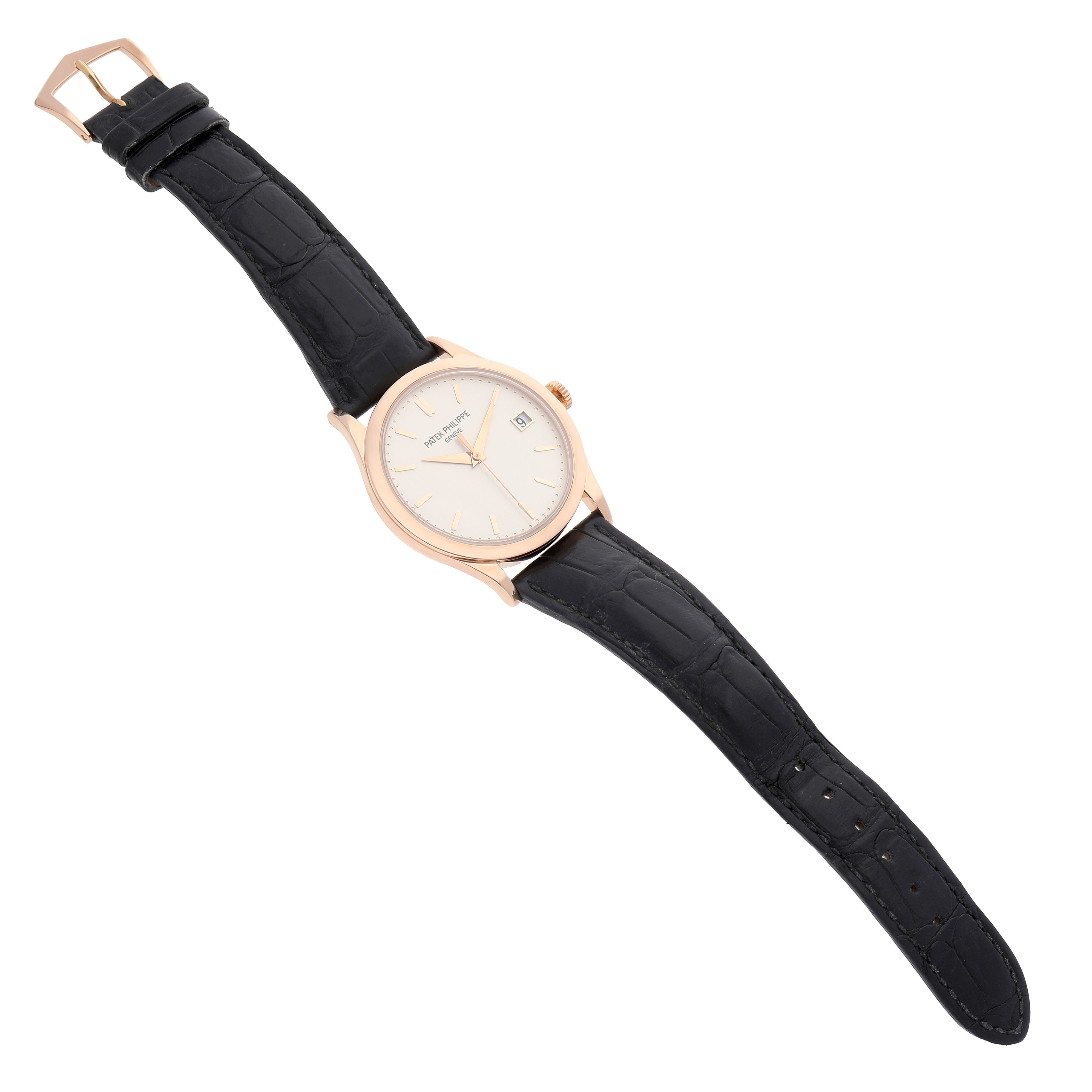 The Patek Philippe Calatrava 5296R-010 Men's Rose Gold Silver Dial watch is shown at a slight angle, displaying the face, crown, and full leather strap.