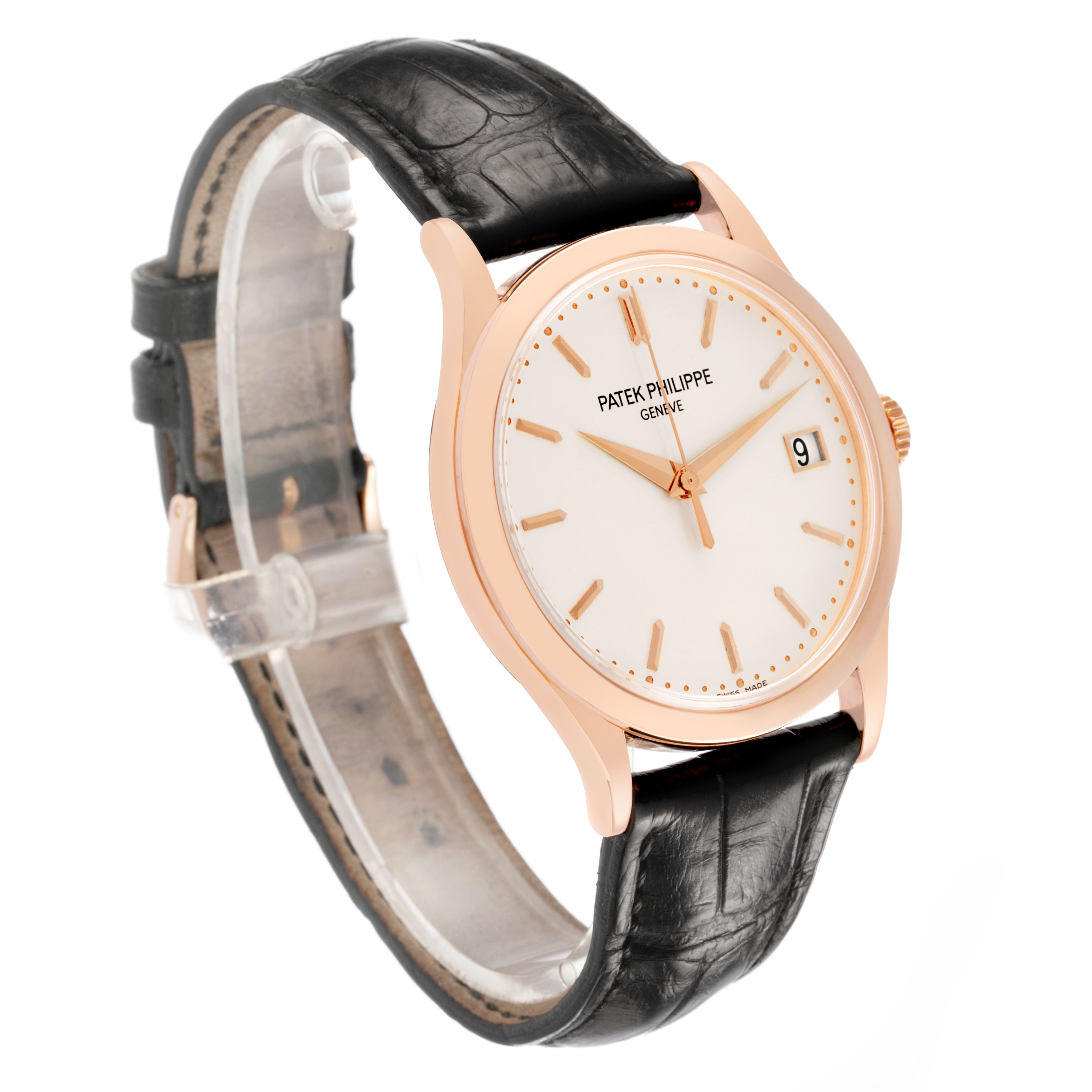 The Patek Philippe Calatrava 5296R-010 Men's Rose Gold Silver Dial watch is shown at a three-quarter angle, displaying the face, case, and leather strap.
