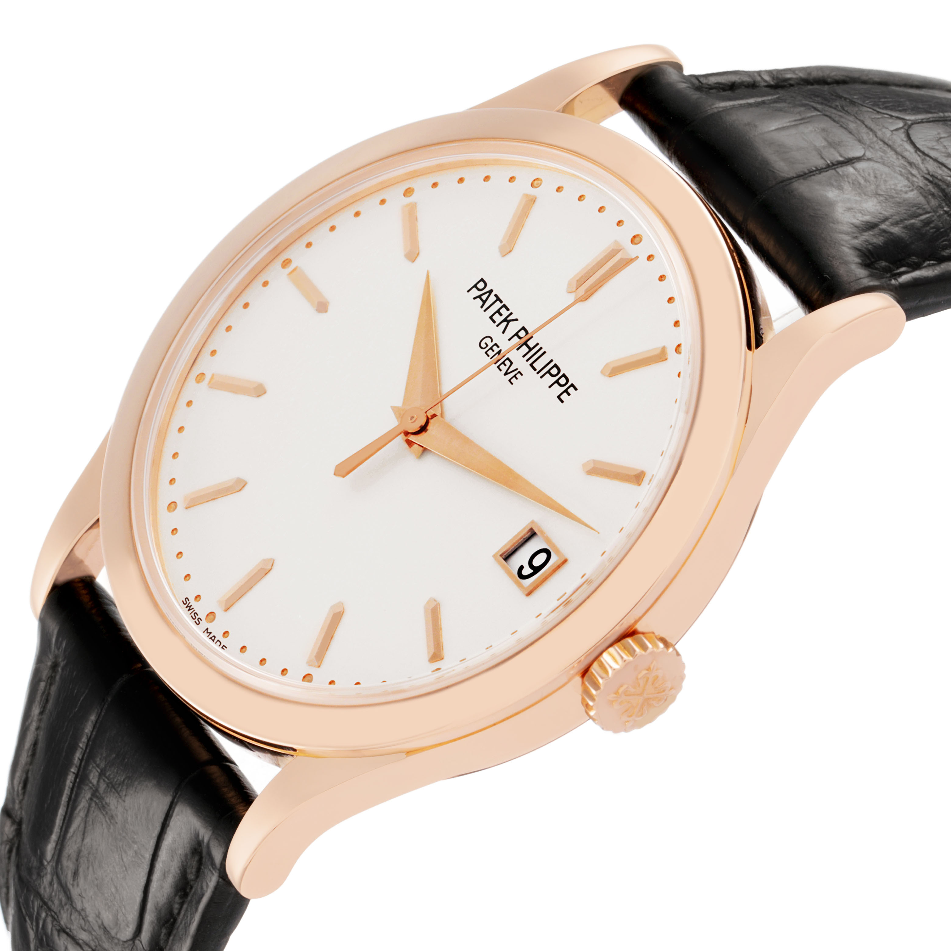 The Patek Philippe Calatrava 5296R-010 Men's Rose Gold Silver Dial watch is shown from a side angle, displaying its face, hands, and crown.
