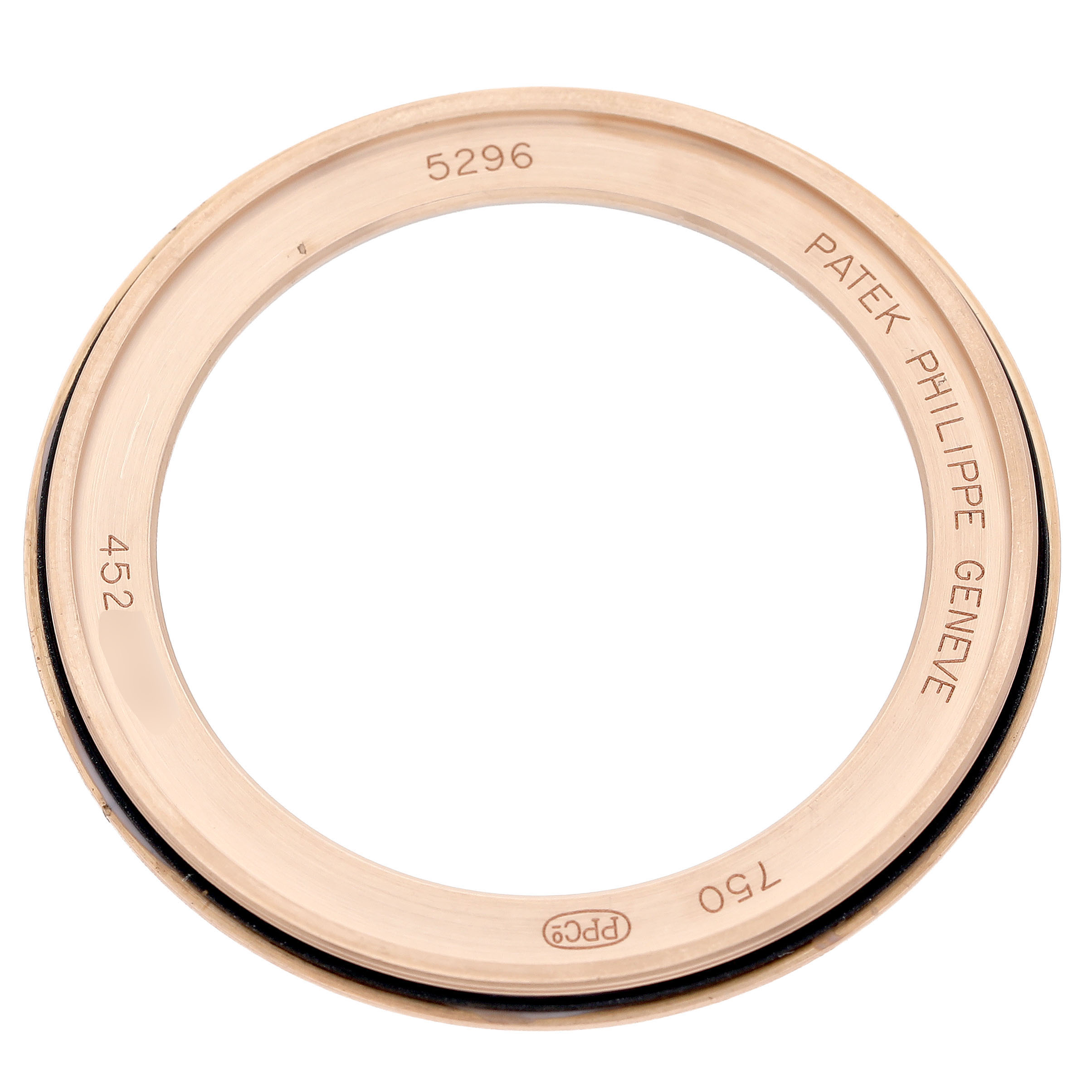 The image shows a top-down view of the Patek Philippe Calatrava 5296R-010 Men's Rose Gold Silver Dial model bezel, displaying inscriptions and numbers.