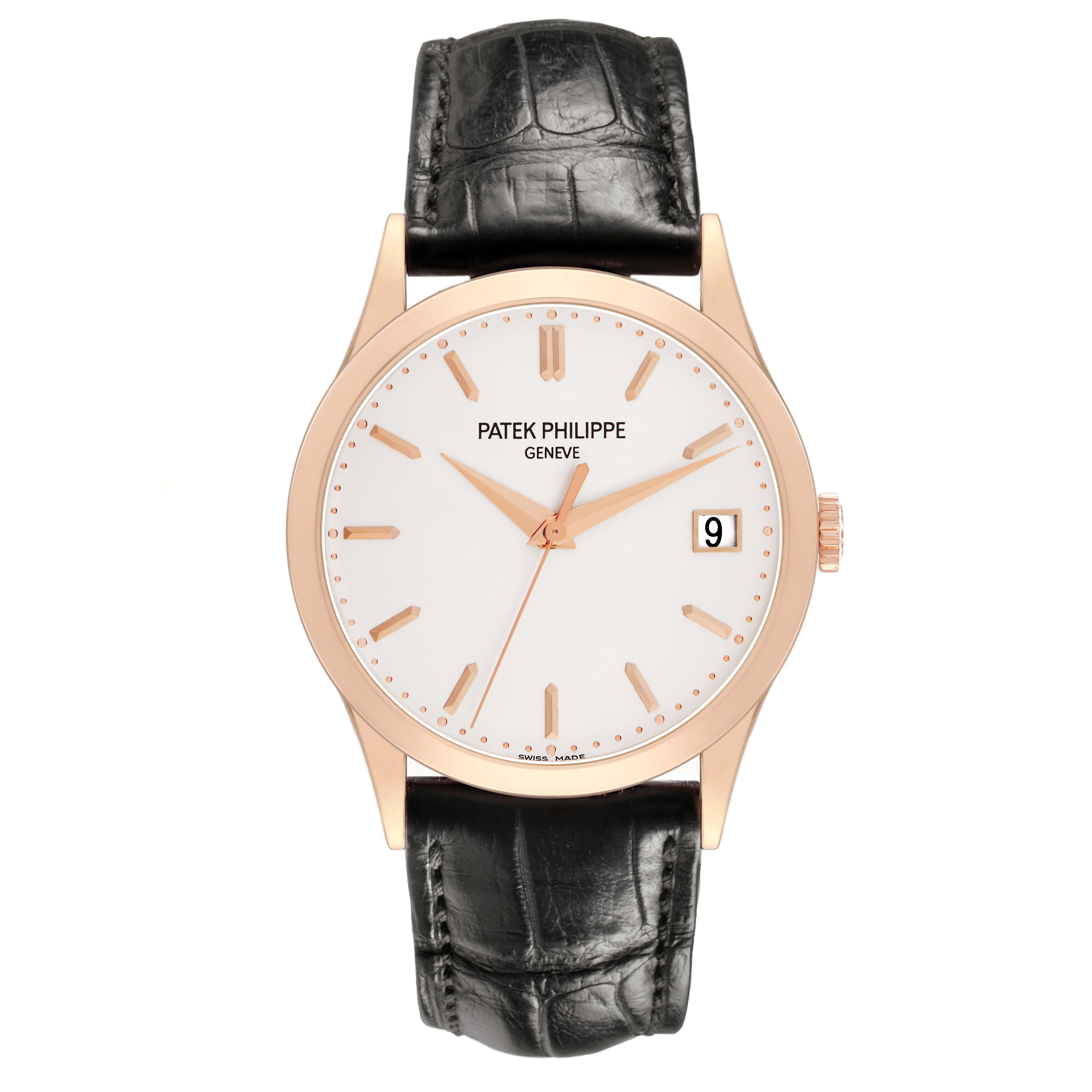 The Patek Philippe Calatrava 5296R-010 Men's Rose Gold Silver Dial watch is shown from a top-down angle, featuring the dial, hands, crown, and leather strap.