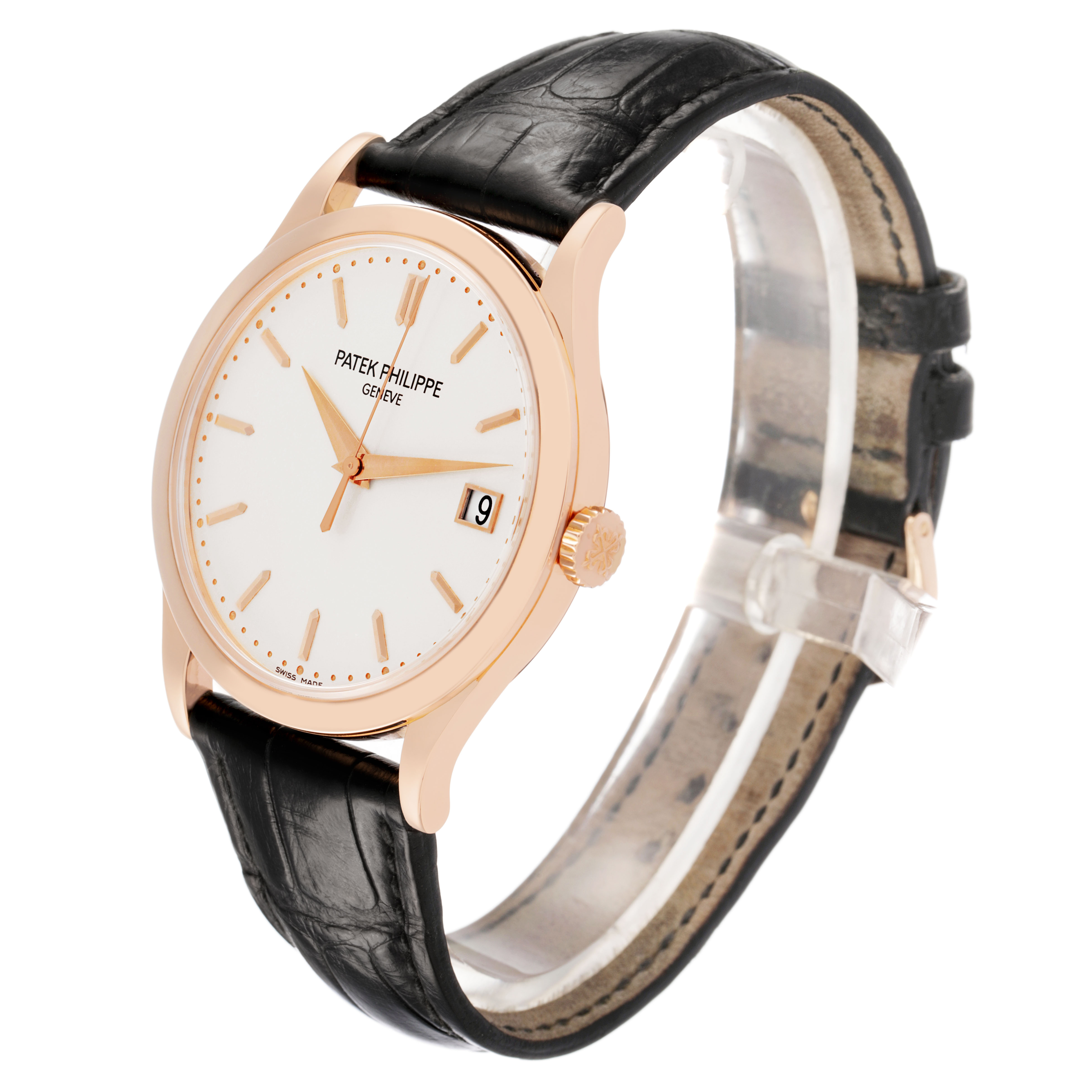 The Patek Philippe Calatrava 5296R-010 Men's Rose Gold Silver Dial watch is shown at a three-quarter angle, highlighting the dial, case, and strap.