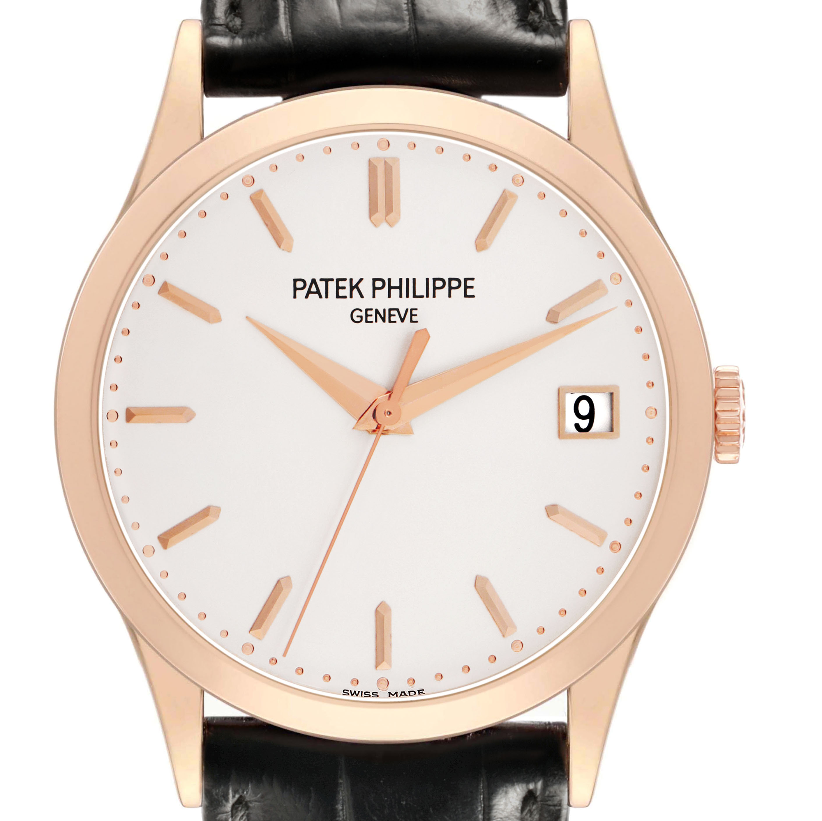 The Patek Philippe Calatrava 5296R-010 Men's Rose Gold Silver Dial watch is shown from the front, displaying the face, hands, indices, crown, and leather strap.