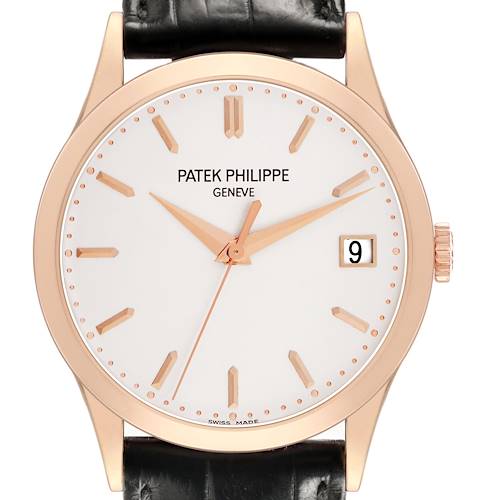 The Patek Philippe Calatrava 5296R-010 Men's Rose Gold Silver Dial watch is shown from the front, displaying the dial, hands, date, and part of the black leather strap.