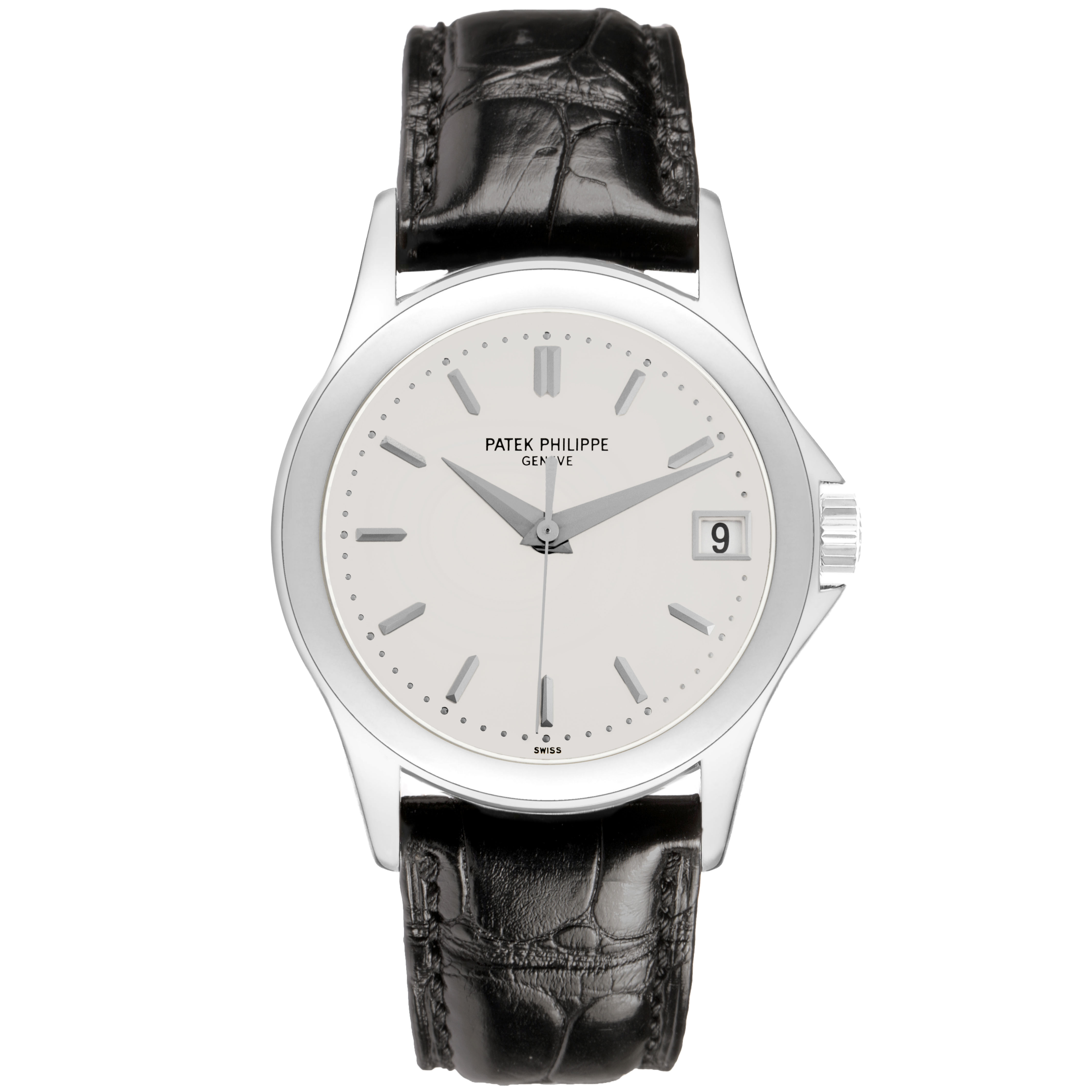 The image shows a front view of the Patek Philippe Calatrava 5107G Men's White Gold Silver Dial watch, displaying the dial, hands, date window, and strap.
