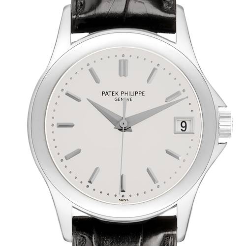 The image shows a front view of the Patek Philippe Calatrava 5107G Men's White Gold Silver Dial watch, featuring a silver dial, hands, indices, and date window.