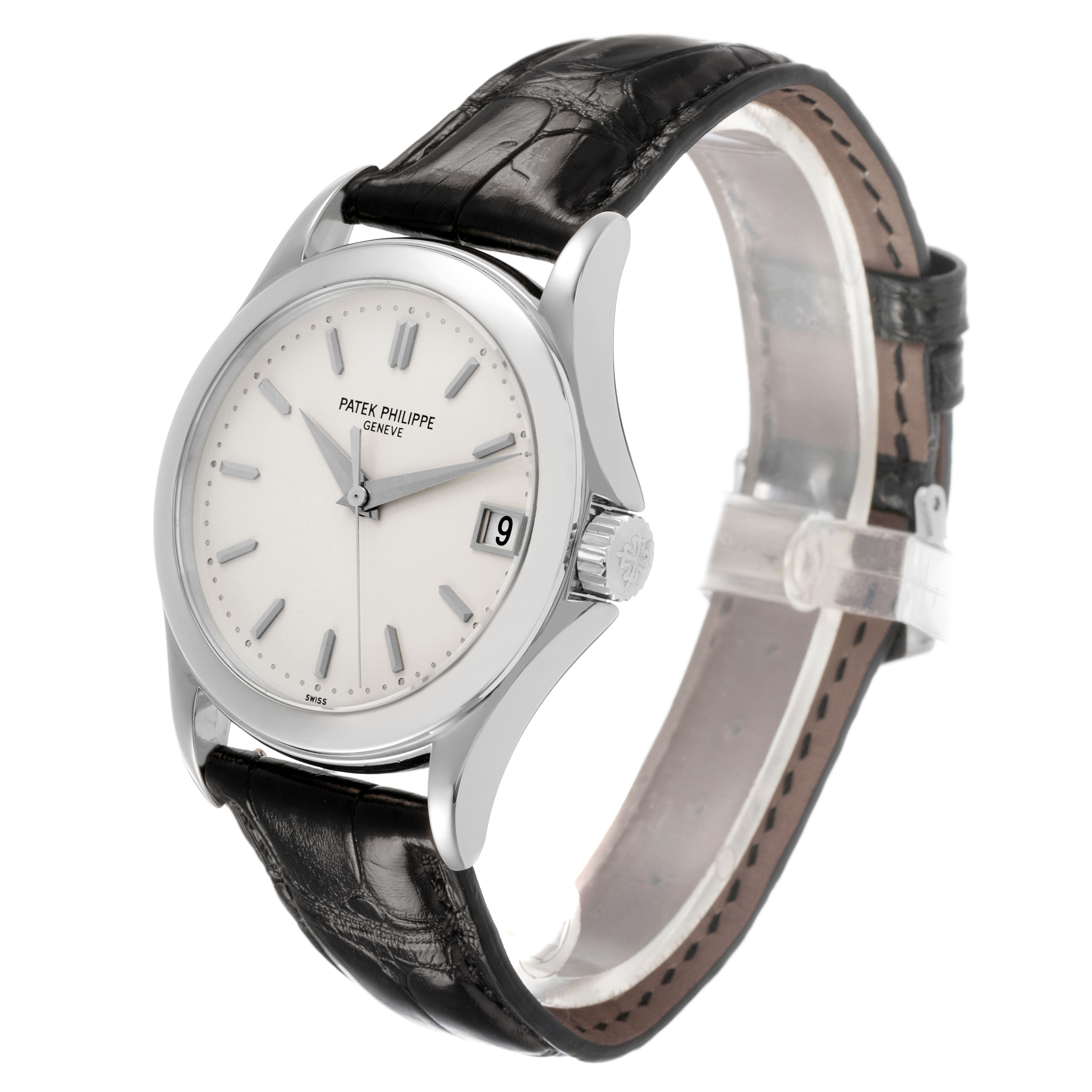 The Patek Philippe Calatrava 5107G Men's White Gold Silver Dial watch is shown at a three-quarter angle, displaying the face, crown, and leather strap.