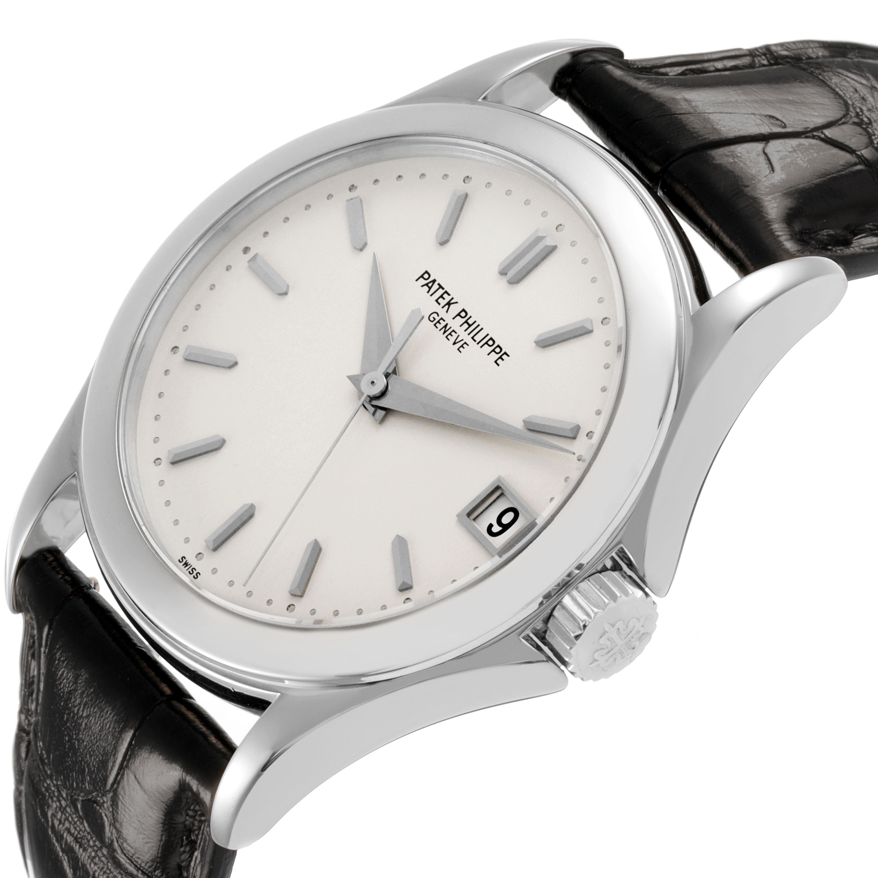 The Patek Philippe Calatrava 5107G Men's White Gold Silver Dial watch is shown at an angled side view, highlighting its face, bezel, crown, and leather strap.