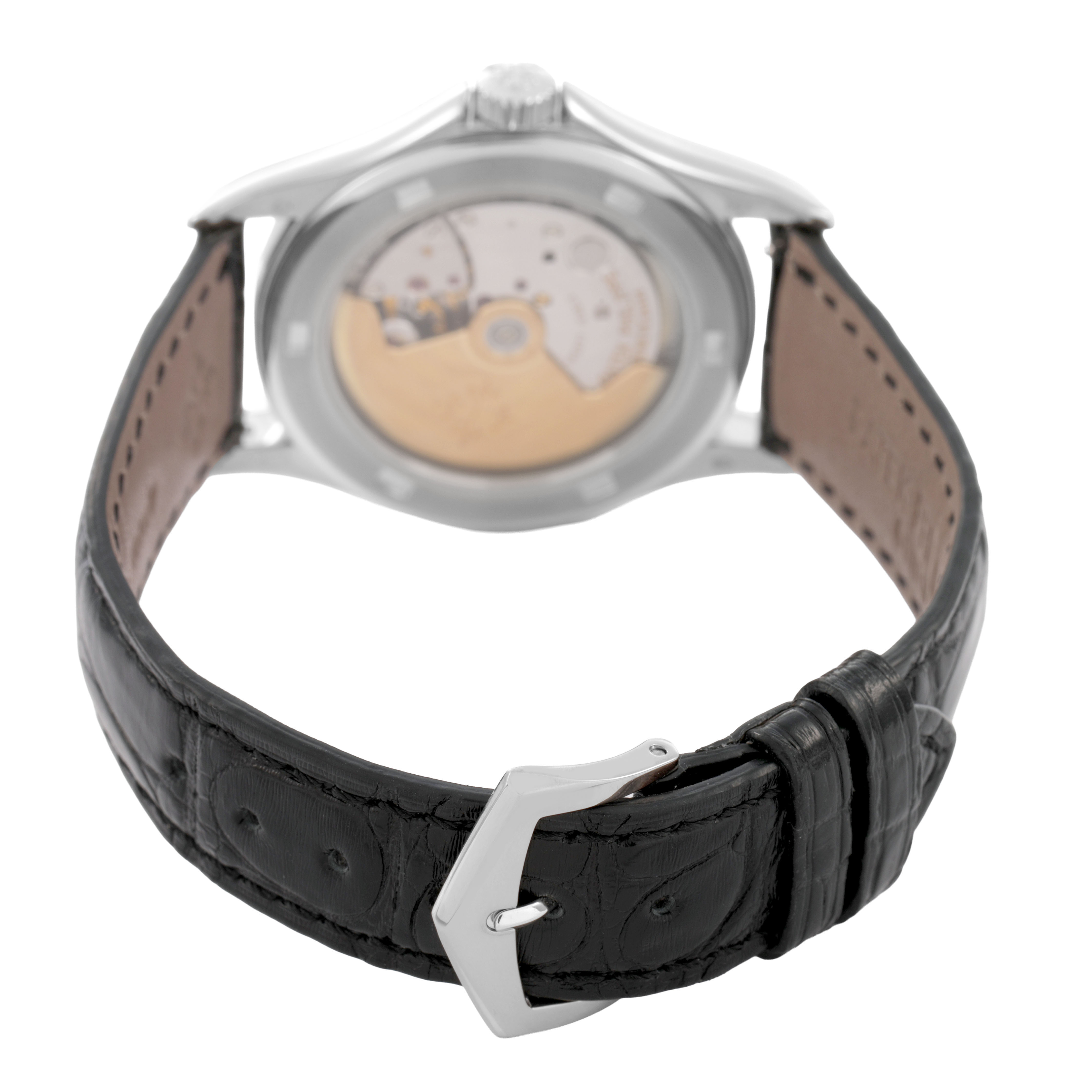 The image shows the back of the Patek Philippe Calatrava 5107G Men's White Gold Silver Dial, highlighting the case back and black leather strap with a buckle.