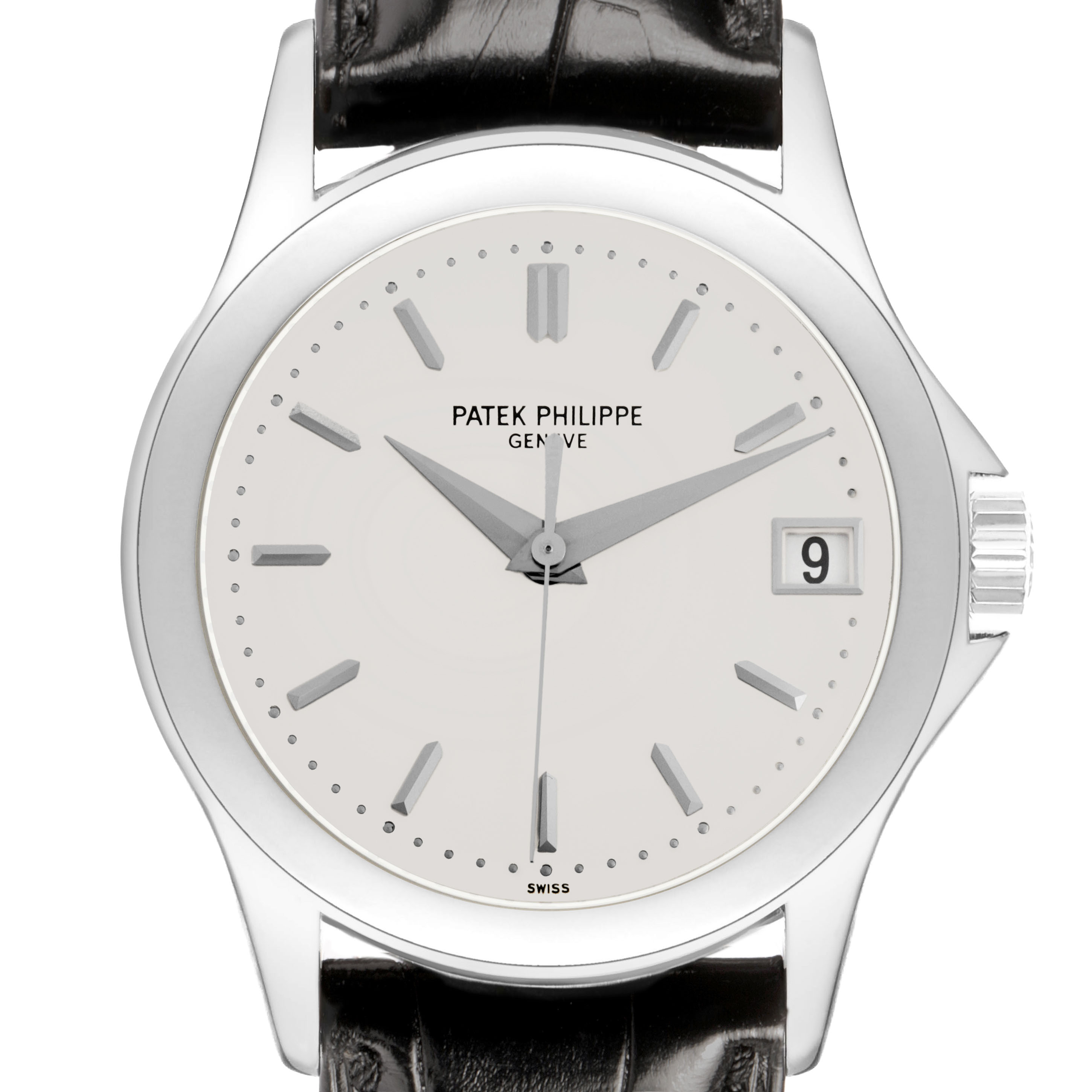 The Patek Philippe Calatrava 5107G Men's White Gold Silver Dial model is shown from the front, highlighting the dial, hands, indices, and date window.