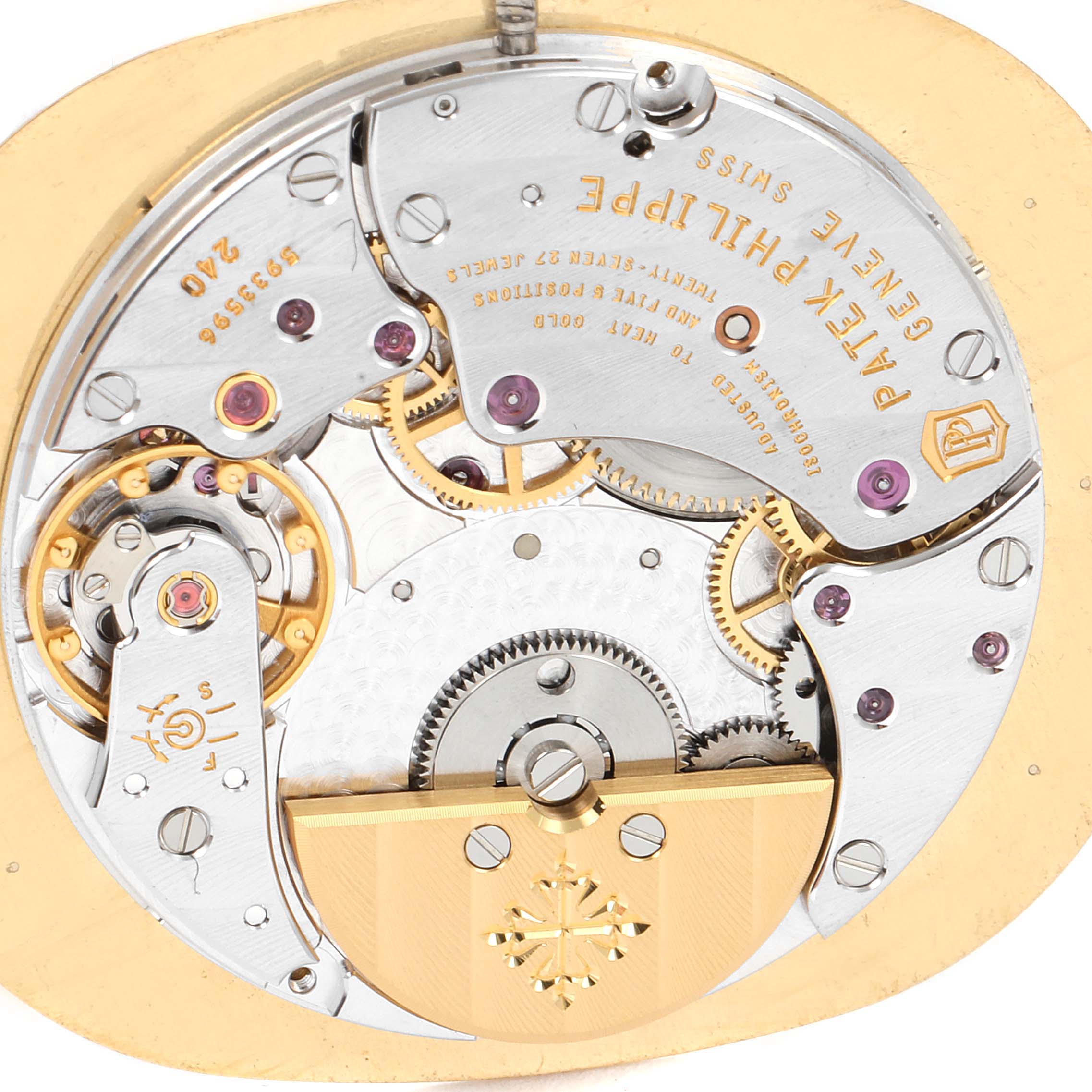 This image shows the internal mechanism of a Patek Philippe Golden Ellipse 5738P-001 Men's Platinum Blue Dial 5738P-001 Men's Platinum Blue Dial watch, viewed from the back.