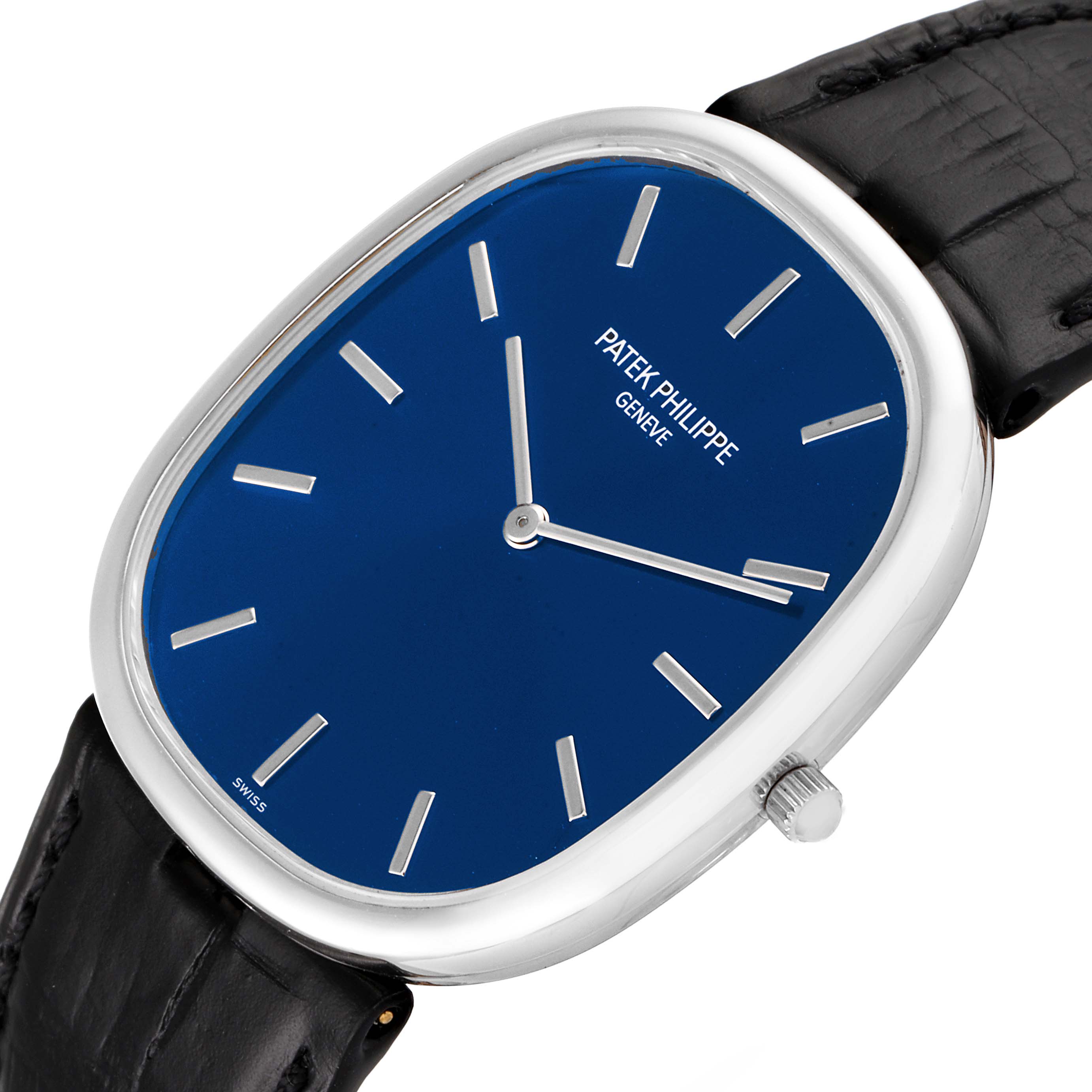 The image shows a top-down view of the Patek Philippe Golden Ellipse 5738P-001 Men's Platinum Blue Dial 5738P-001 Men's Platinum Blue Dial watch, featuring its blue dial and black leather strap.