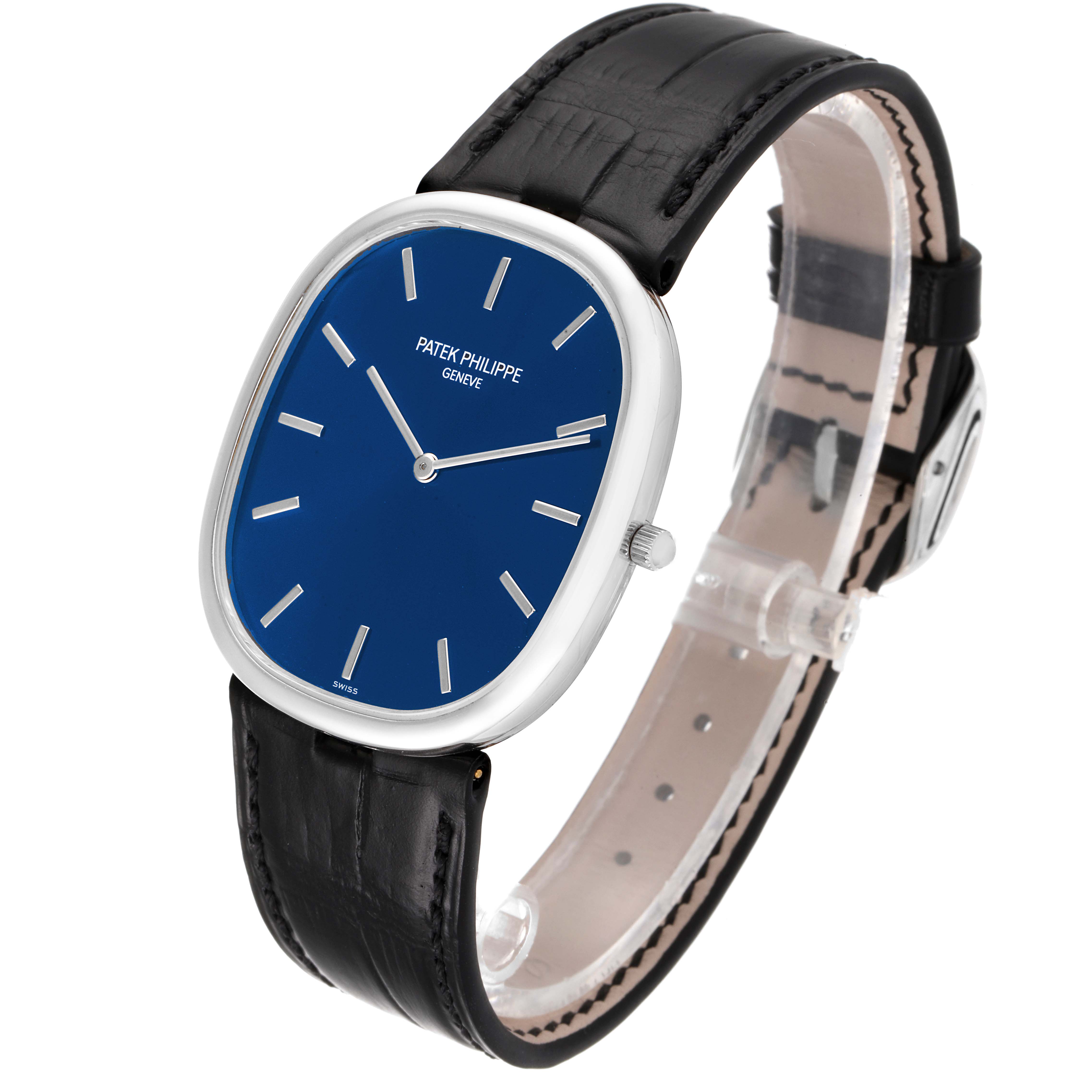 This image shows a Patek Philippe Golden Ellipse 5738P-001 Men's Platinum Blue Dial 5738P-001 Men's Platinum Blue Dial watch from a front and slight side angle, highlighting the blue dial and black leather strap.