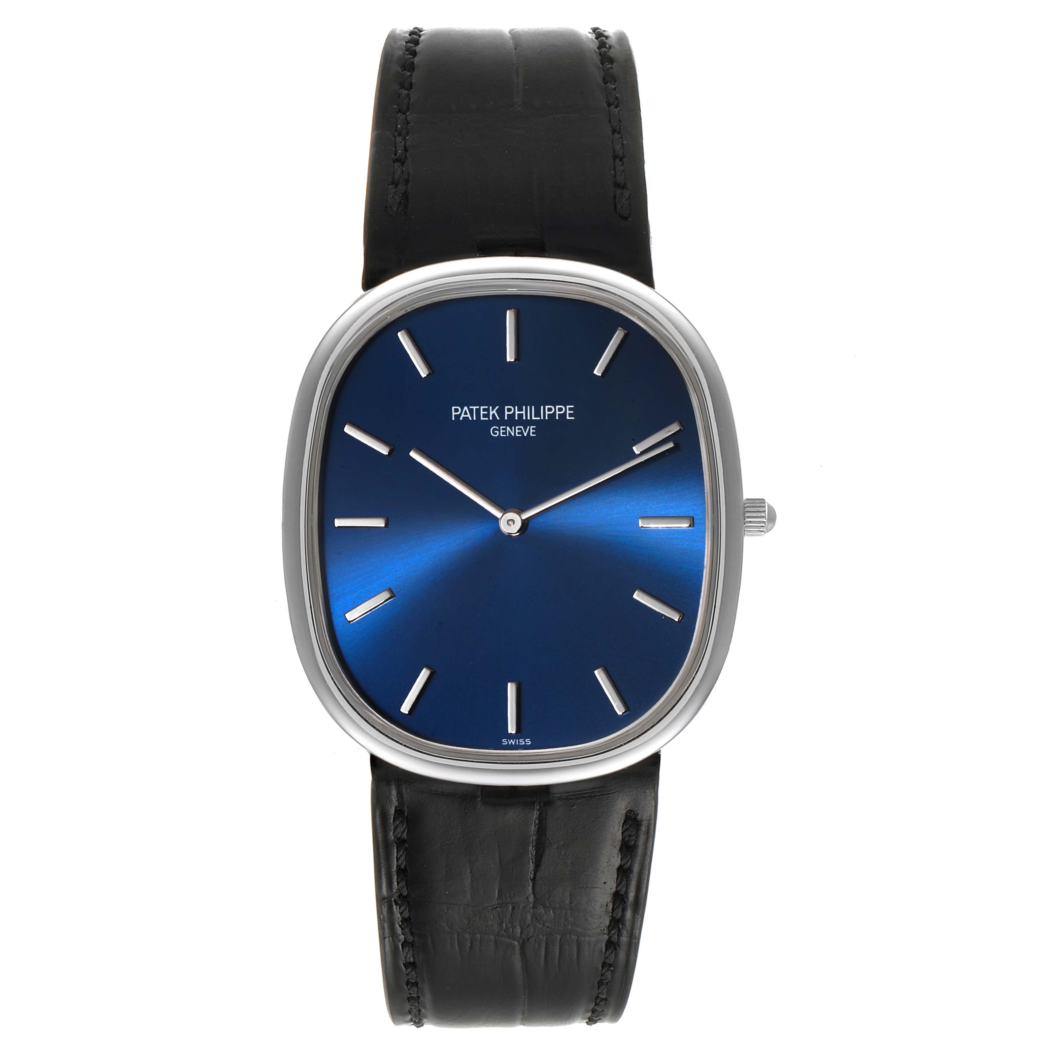 The image shows a front view of the Golden Ellipse watch by Patek Philippe, featuring its dial, case, and leather strap.