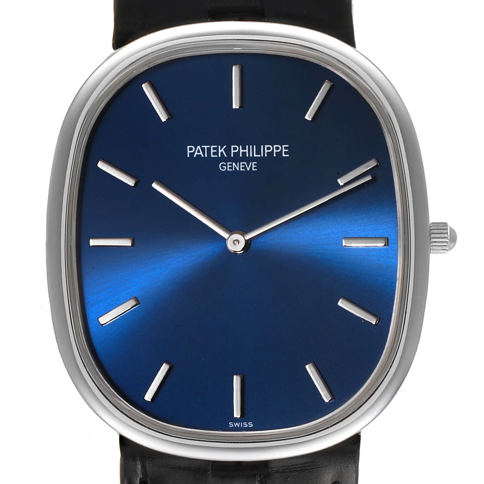This image shows a front view of the Patek Philippe Golden Ellipse 5738P-001 Men's Platinum Blue Dial 5738P-001 Men's Platinum Blue Dial watch, highlighting its blue dial and silver markers.
