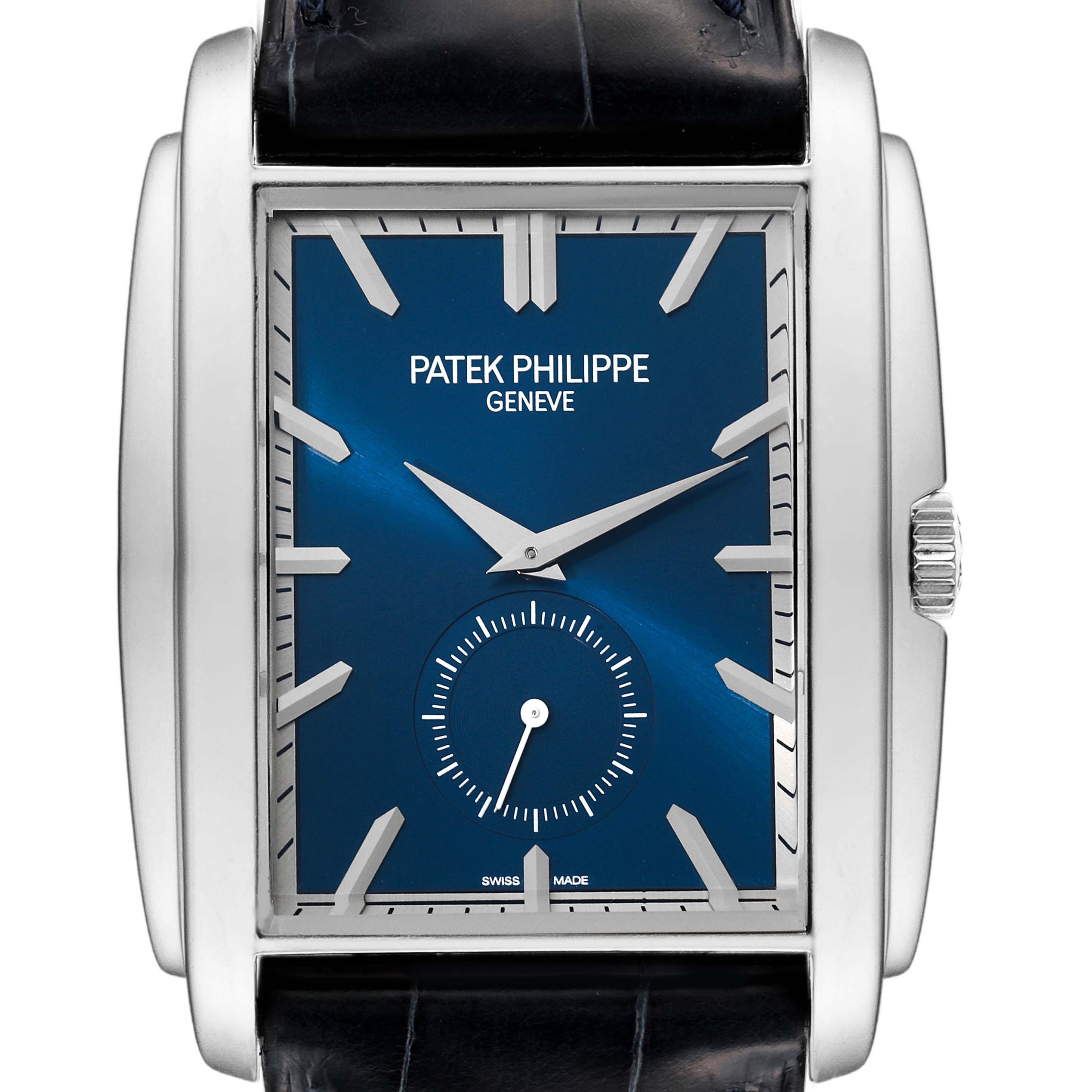 The image shows a front view of the Patek Philippe Gondolo 5124G Men's White Gold Blue Dial 5124G Men's White Gold Blue Dial watch, highlighting its blue dial, silver hands, and rectangular case.