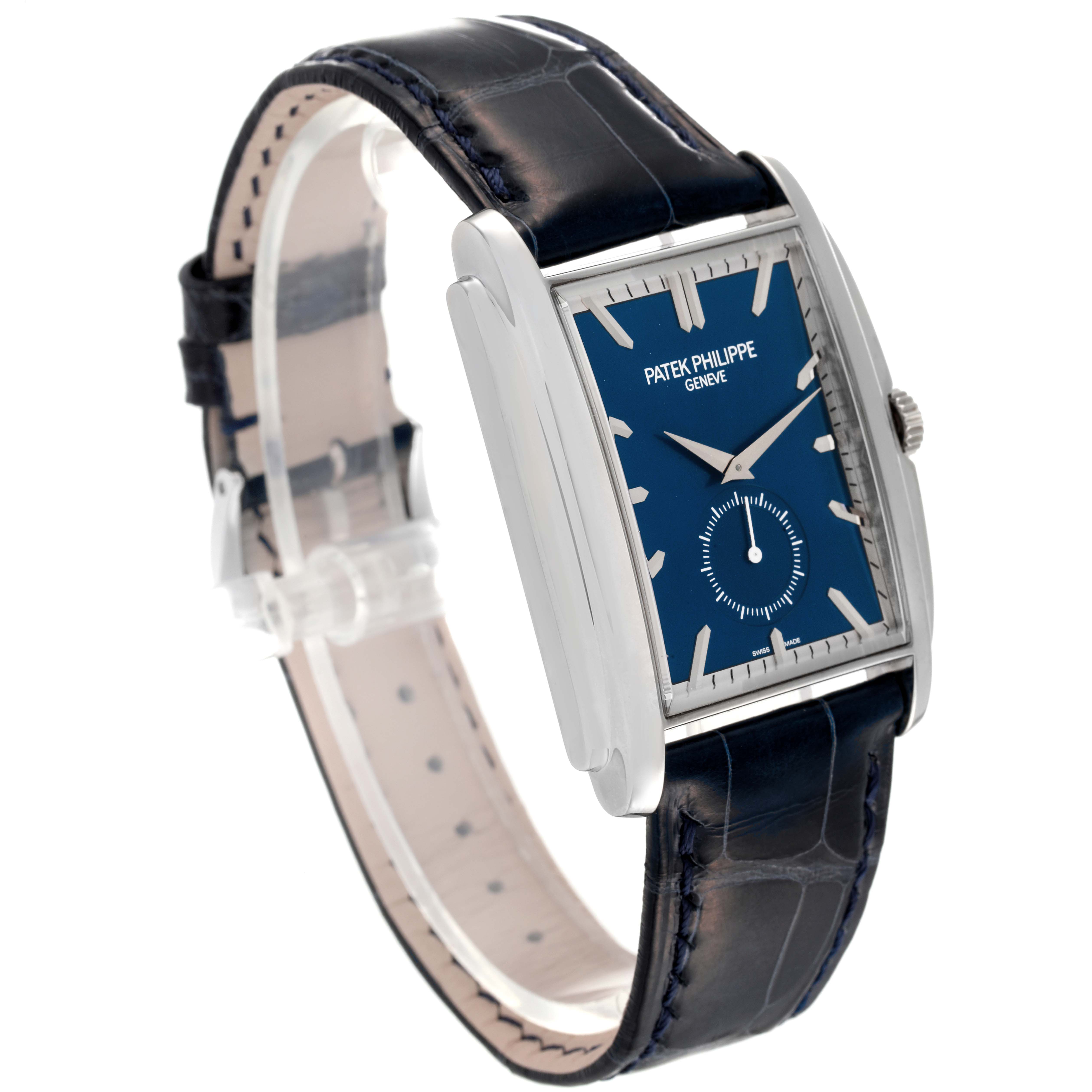 The image shows a Patek Philippe Gondolo 5124G Men's White Gold Blue Dial 5124G Men's White Gold Blue Dial watch at a three-quarter angle, highlighting its face, case, and strap.