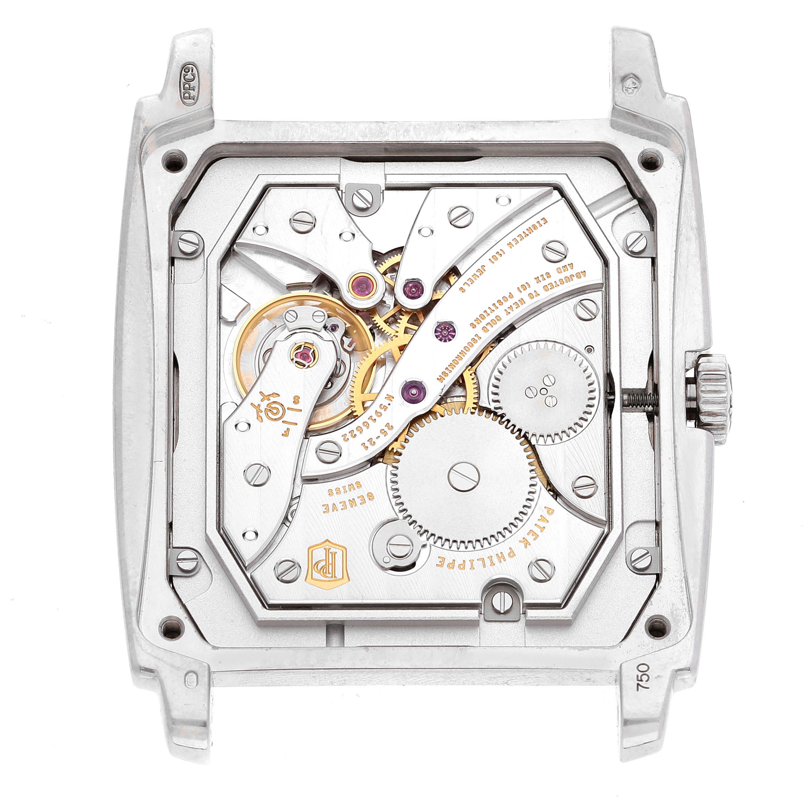 The image shows the back view of the Patek Philippe Gondolo 5124G Men's White Gold Blue Dial 5124G Men's White Gold Blue Dial watch, revealing its intricate movement and inner mechanisms.