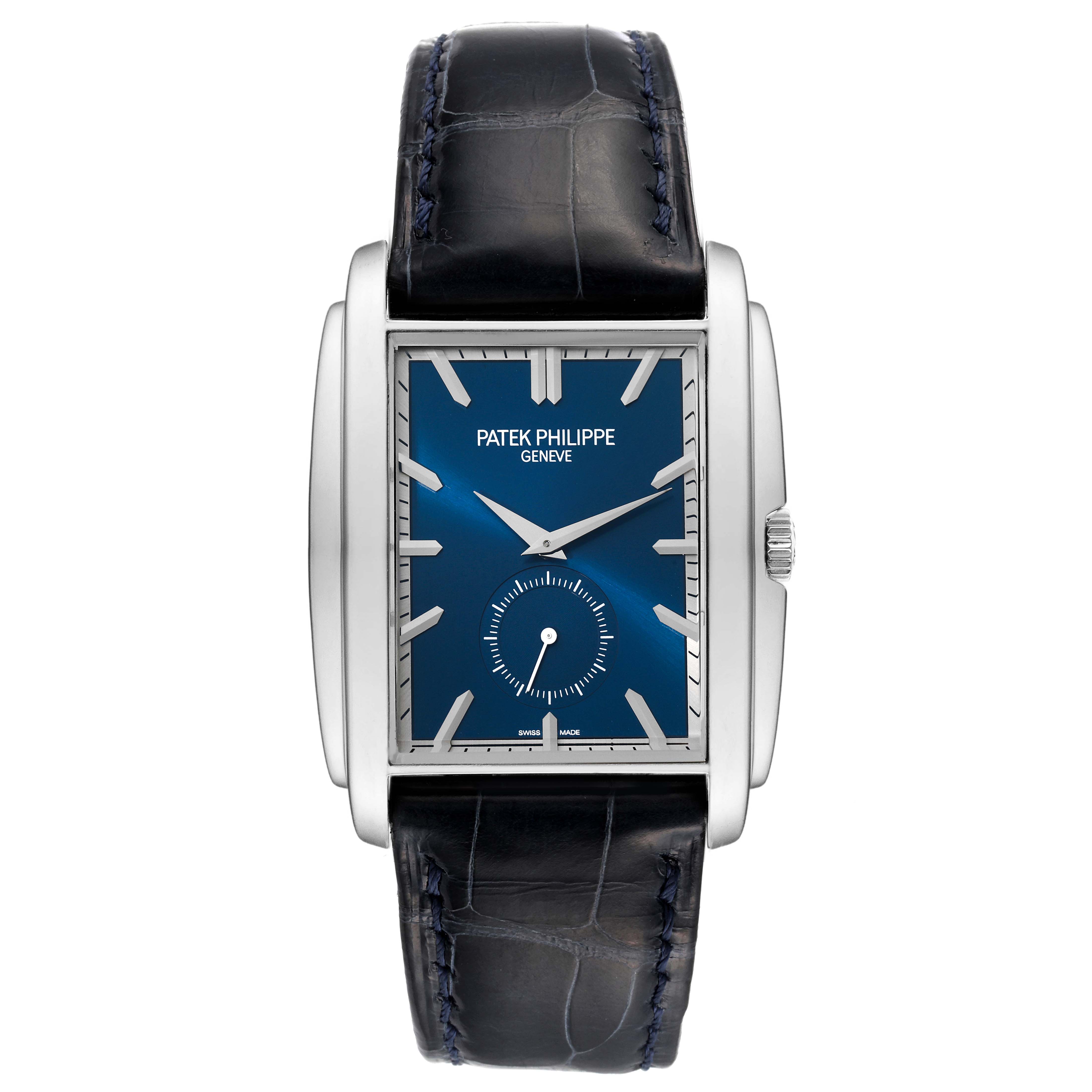 This is a head-on view of a Patek Philippe Gondolo 5124G Men's White Gold Blue Dial 5124G Men's White Gold Blue Dial watch, showing its blue dial, rectangular case, and leather strap.