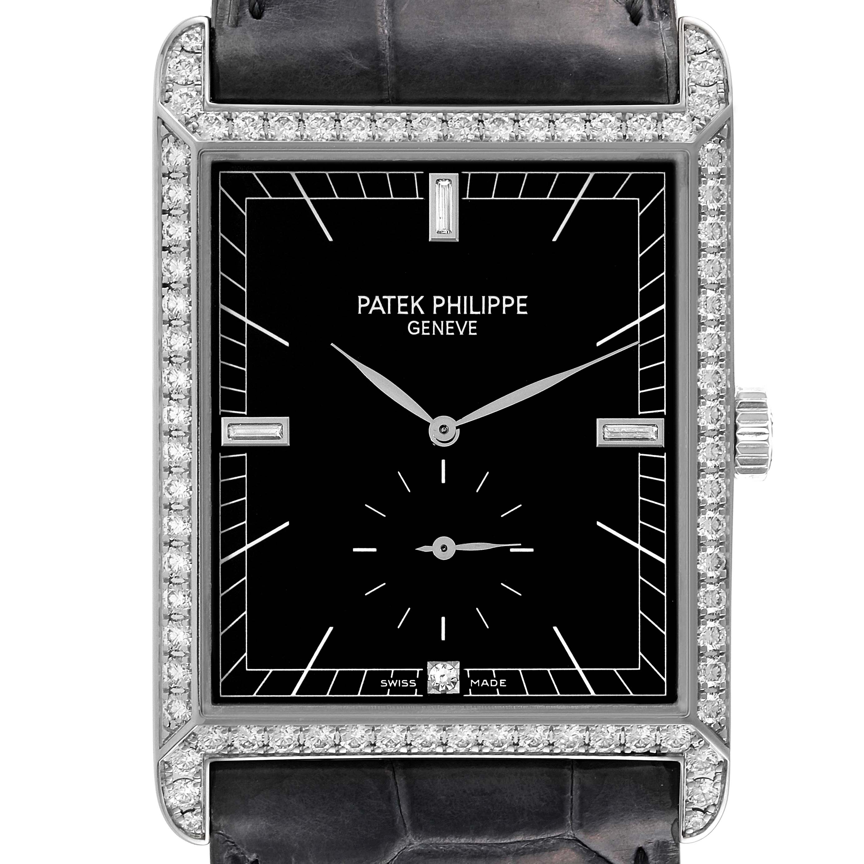 The Patek Philippe Gondolo 5112G Men's White Gold Black Dial 5112G Men's White Gold Black Dial watch is shown in a front-facing angle, displaying the face, bezel, crown, and part of the strap.