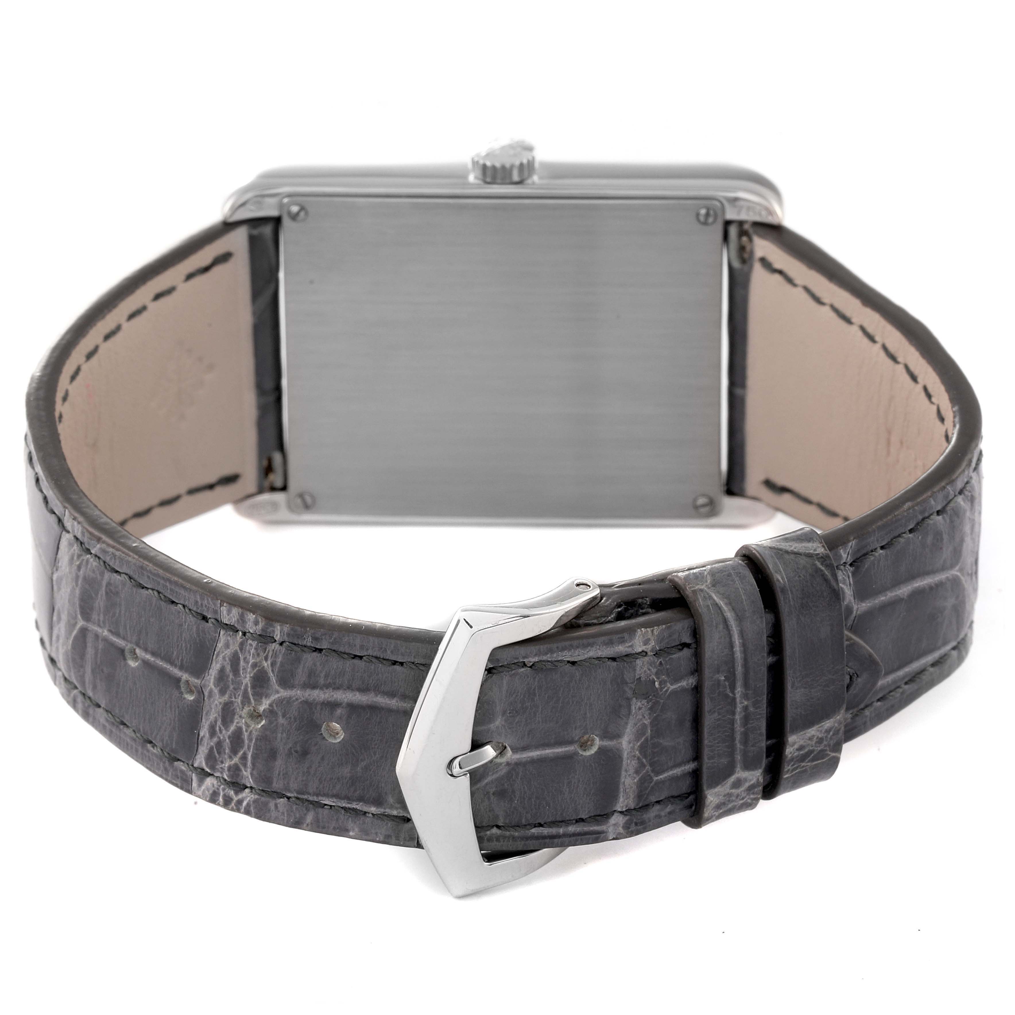 The image shows the back view of the Patek Philippe Gondolo 5112G Men's White Gold Black Dial 5112G Men's White Gold Black Dial watch, highlighting its strap and silver buckle.