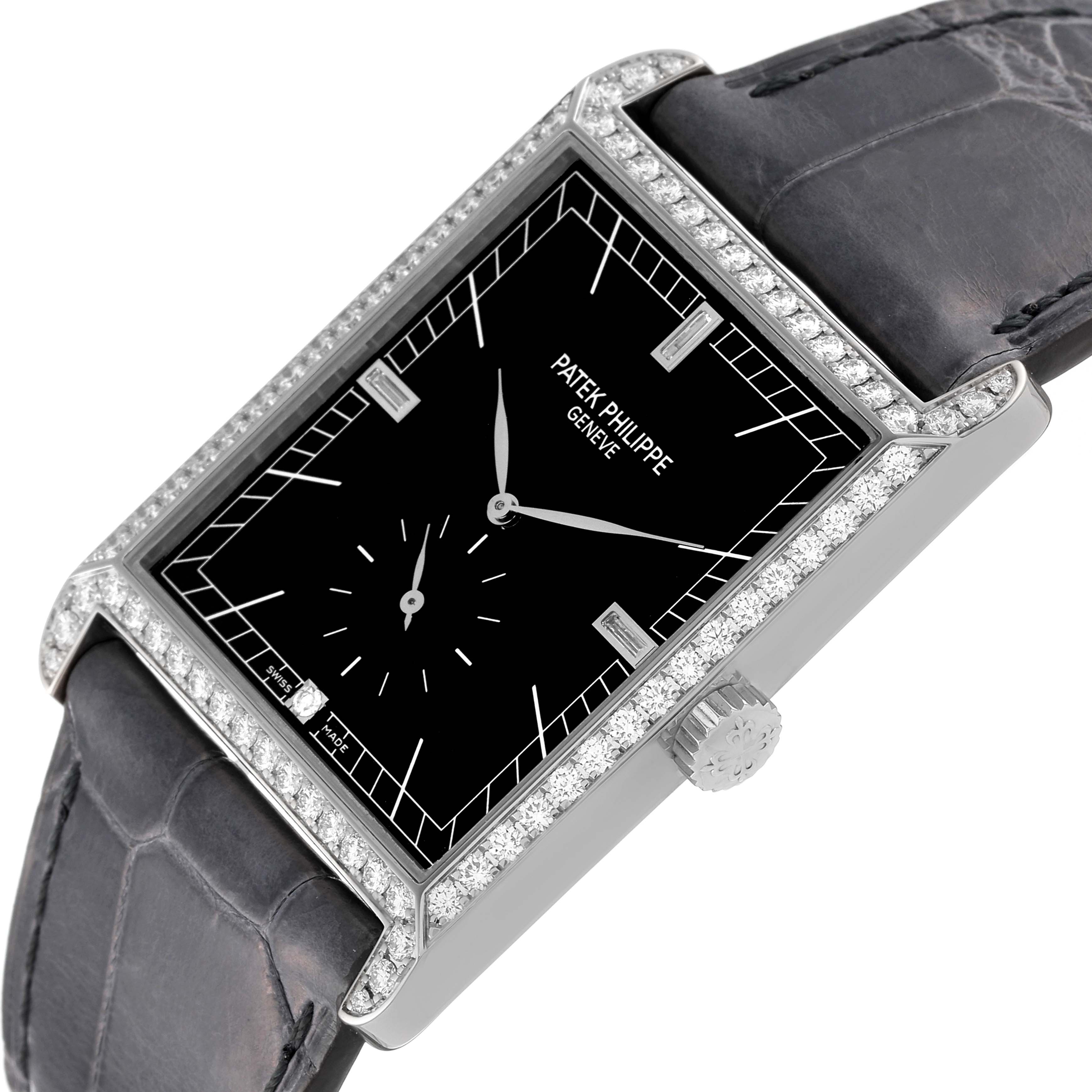 The Patek Philippe Gondolo 5112G Men's White Gold Black Dial 5112G Men's White Gold Black Dial watch is shown at an oblique angle, highlighting its black dial, diamond-set bezel, and leather strap.