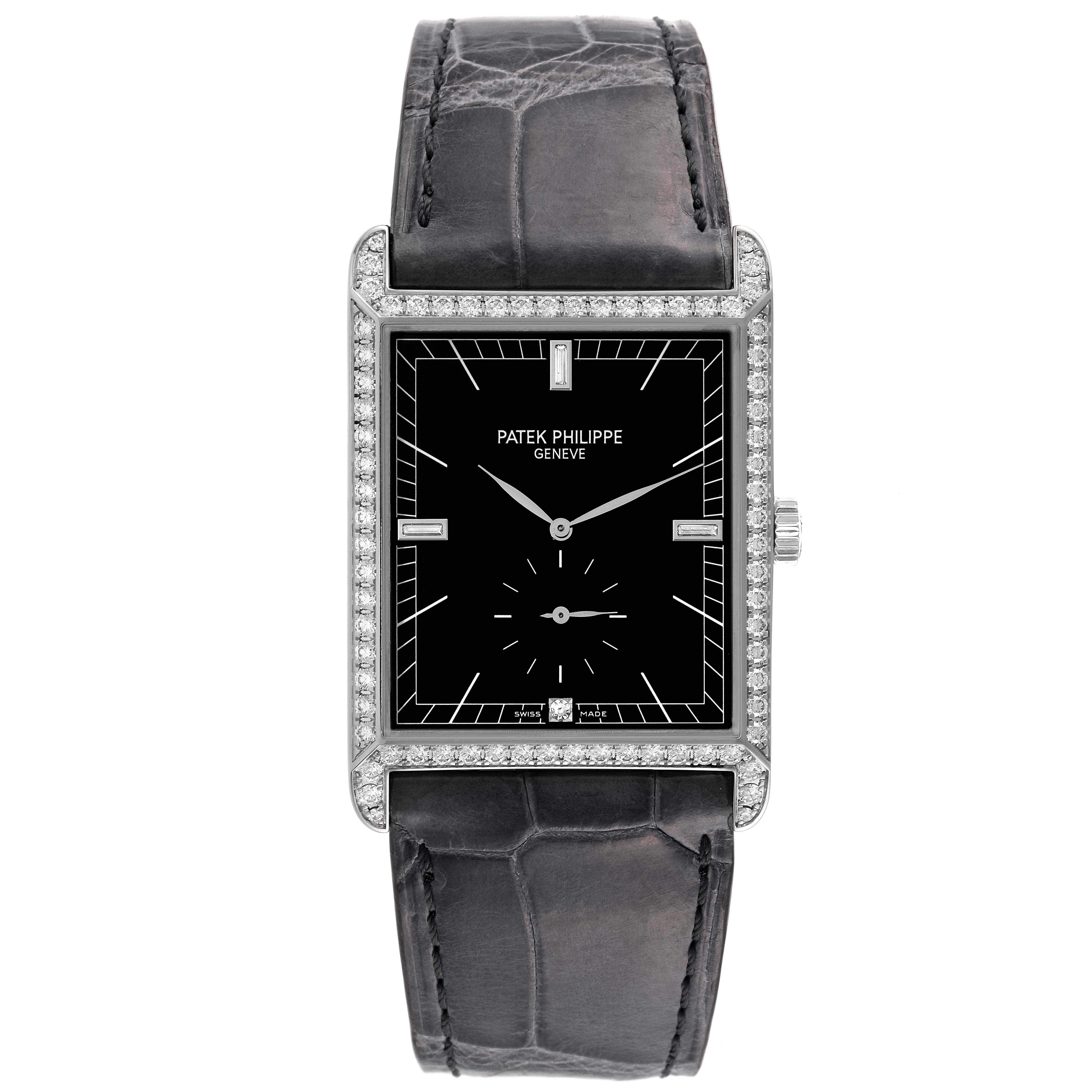 This image shows a frontal view of a Patek Philippe Gondolo 5112G Men's White Gold Black Dial 5112G Men's White Gold Black Dial watch with a black dial, rectangular case, and a leather strap.