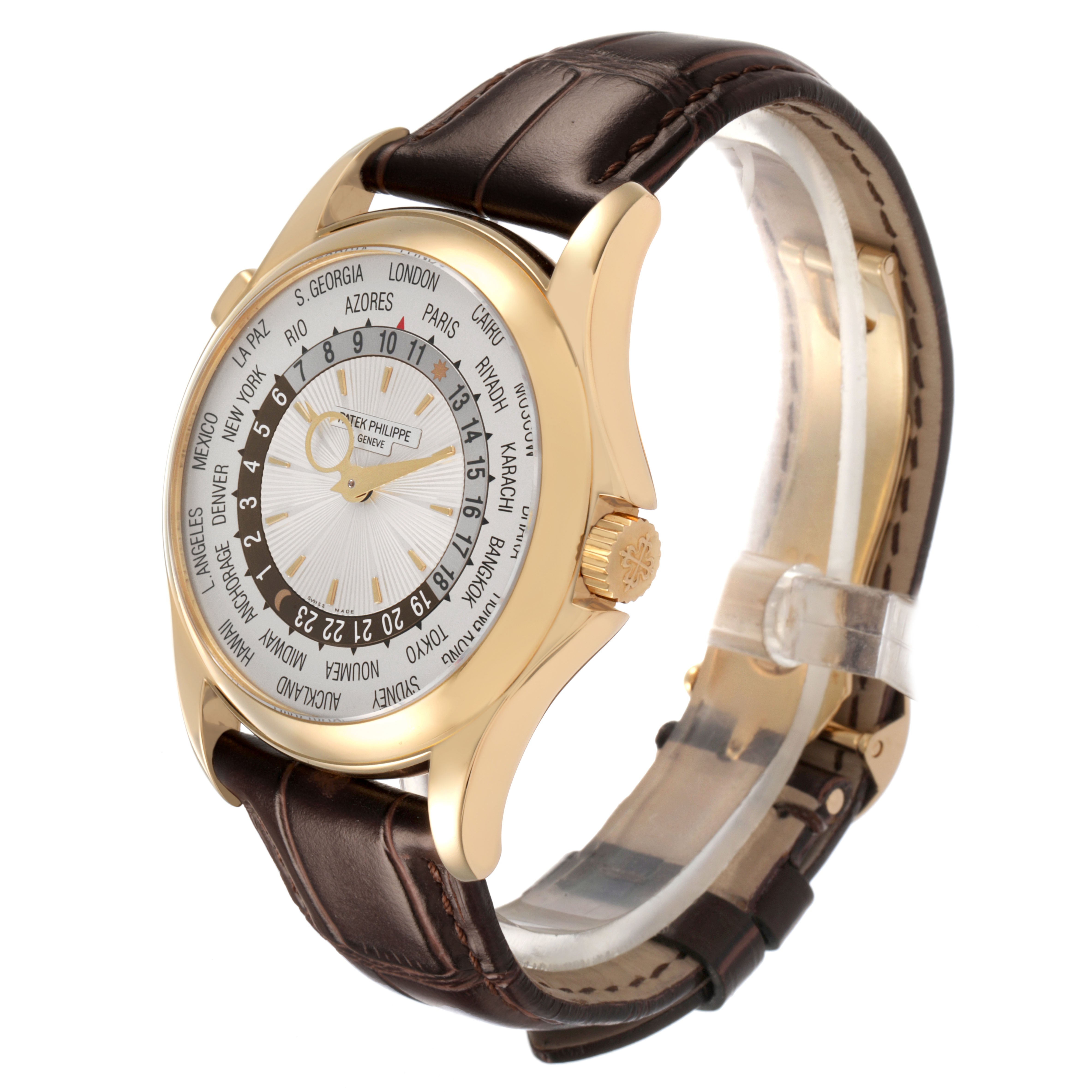 The Patek Philippe Complications 5130J Men's Yellow Gold Silver Dial watch is shown at a three-quarter angle, displaying the face, case, crown, and leather strap.