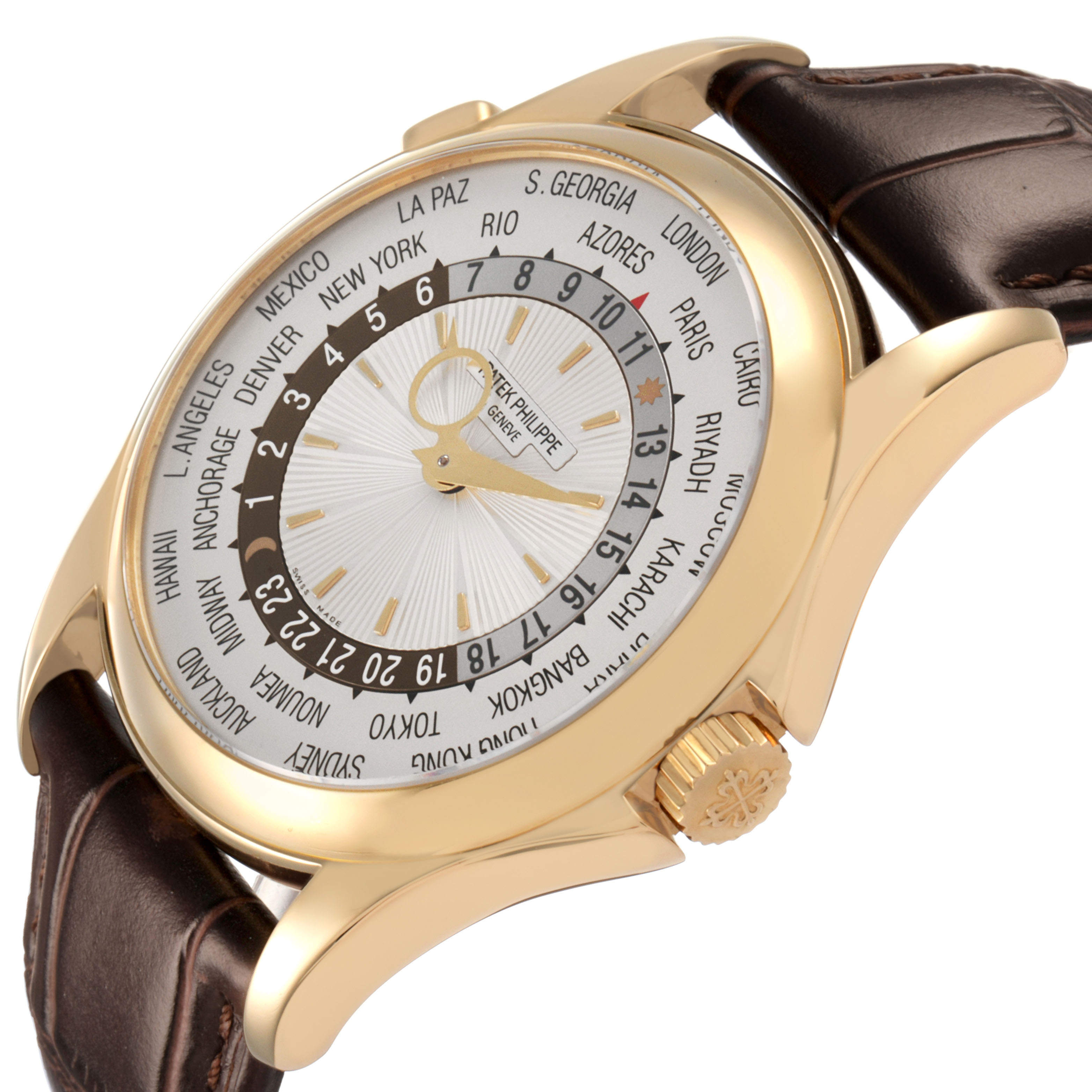 The Patek Philippe Complications 5130J Men's Yellow Gold Silver Dial watch is shown at a side angle, highlighting the dial, crown, and leather strap.