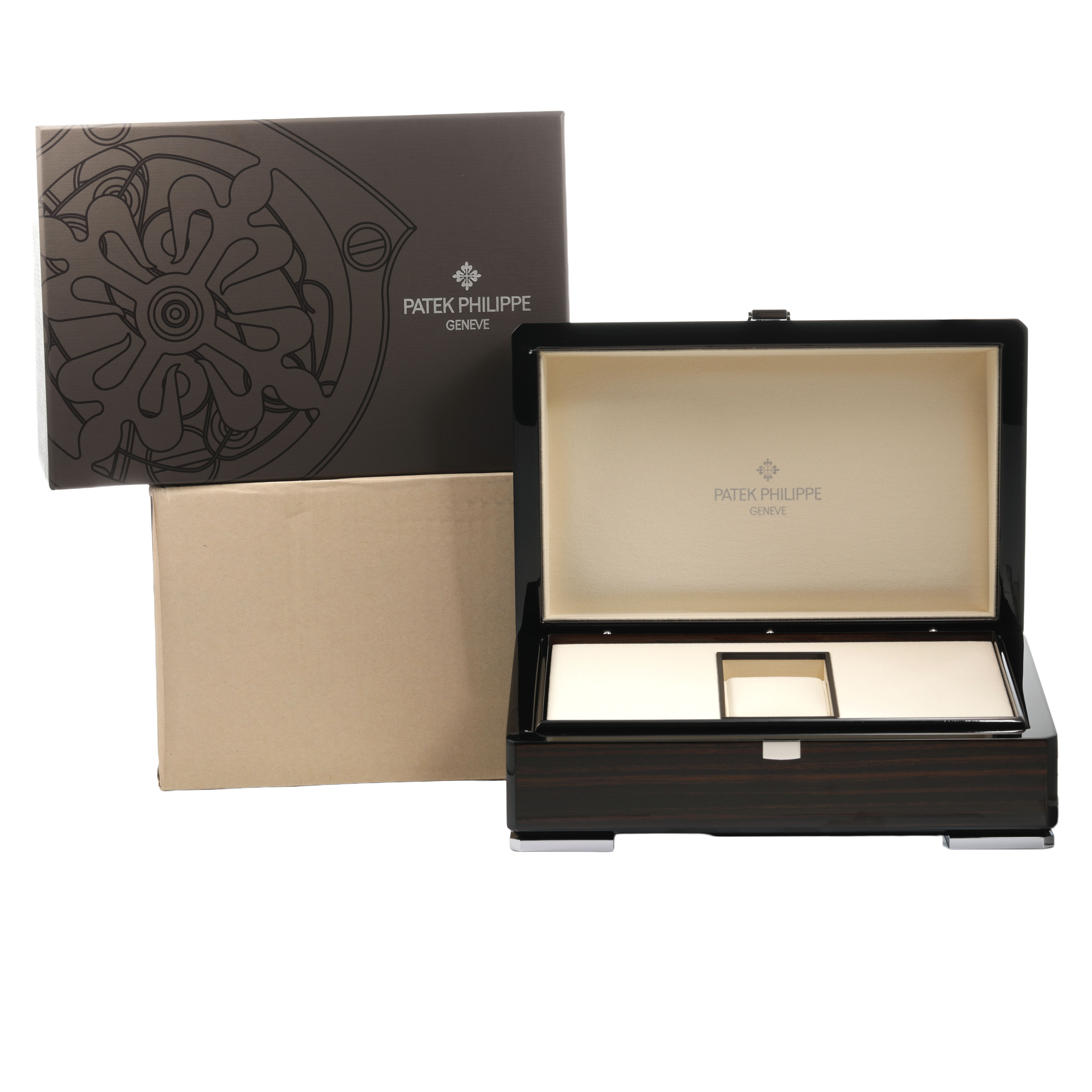 The image shows a Patek Philippe Complications 5130J Men's Yellow Gold Silver Dial watch box and packaging, viewed from the front with the box open.