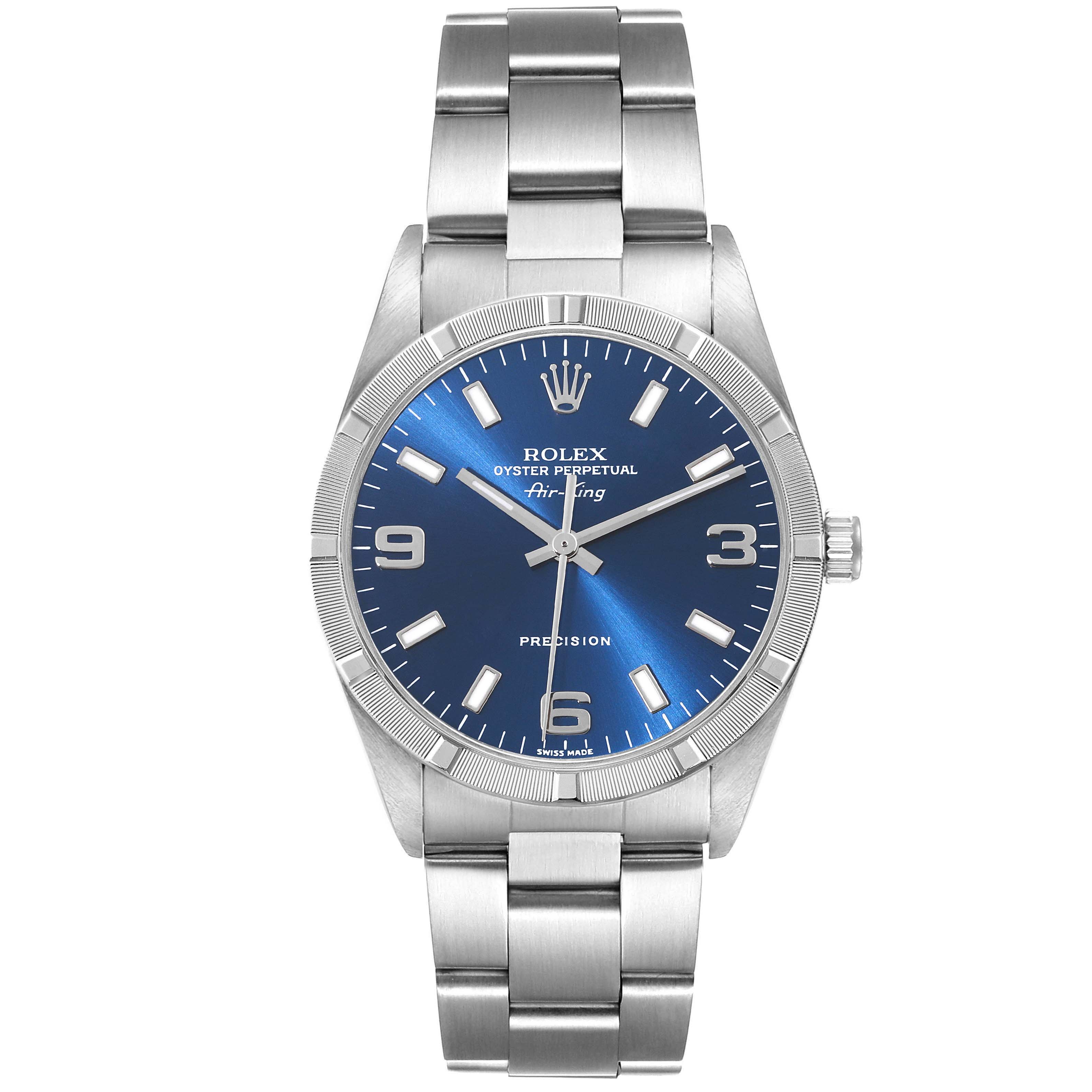 This image shows a front view of a Rolex Air-King 14010 Men's Stainless Steel Blue Dial 14010 Men's Stainless Steel Blue Dial watch, displaying its entire face and bracelet.