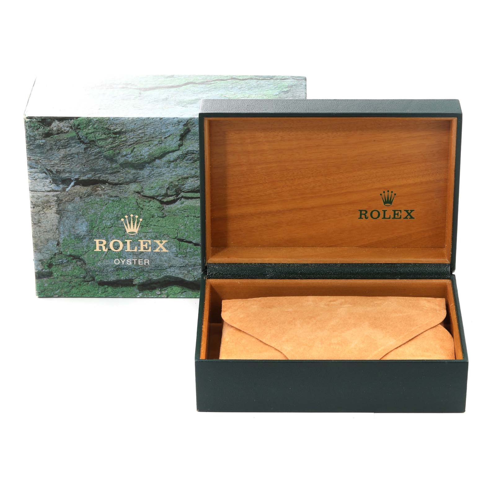 This image shows an open Rolex box for the Air-King model, with an outer box and an inner suede pouch.