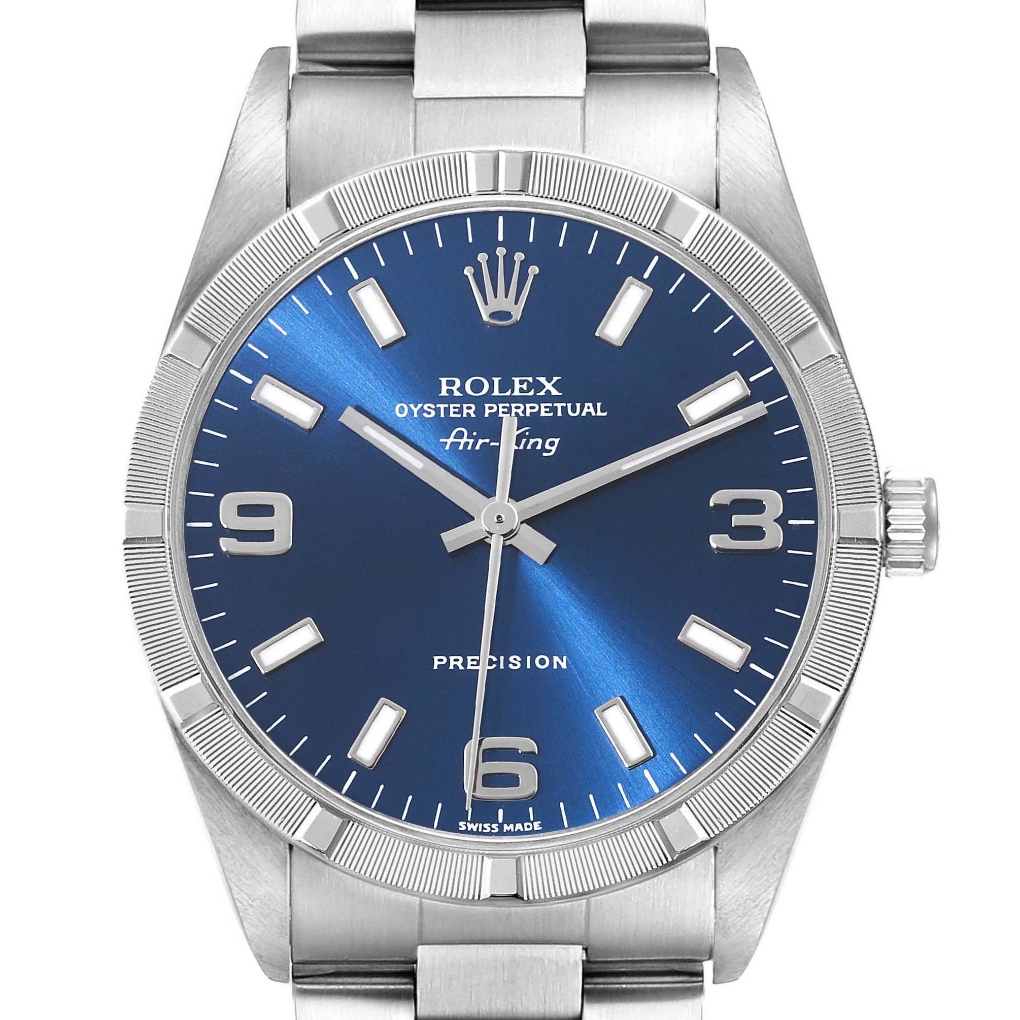 The image shows a front view of the Rolex Air-King 14010 Men's Stainless Steel Blue Dial 14010 Men's Stainless Steel Blue Dial watch, highlighting the dial, hands, crown, and part of the bracelet.